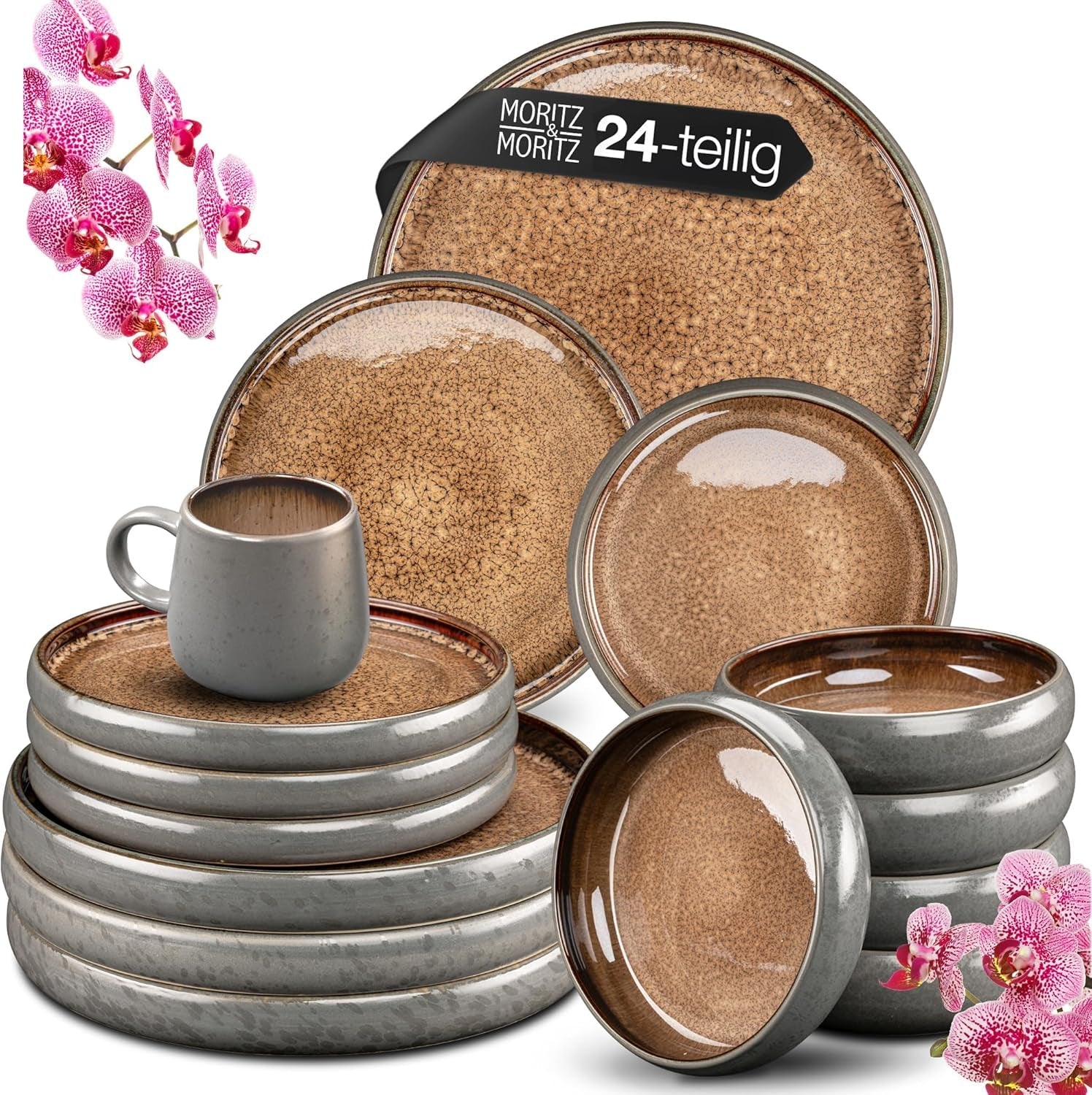 Moritz & Moritz SOLID Vajilla para 6 personas de gres de 24 piezas - Vajilla para 6 personas compuesta por 6 platos llanos, 6 platos pequeños, 6 platos llanos y 6 tazas con asas