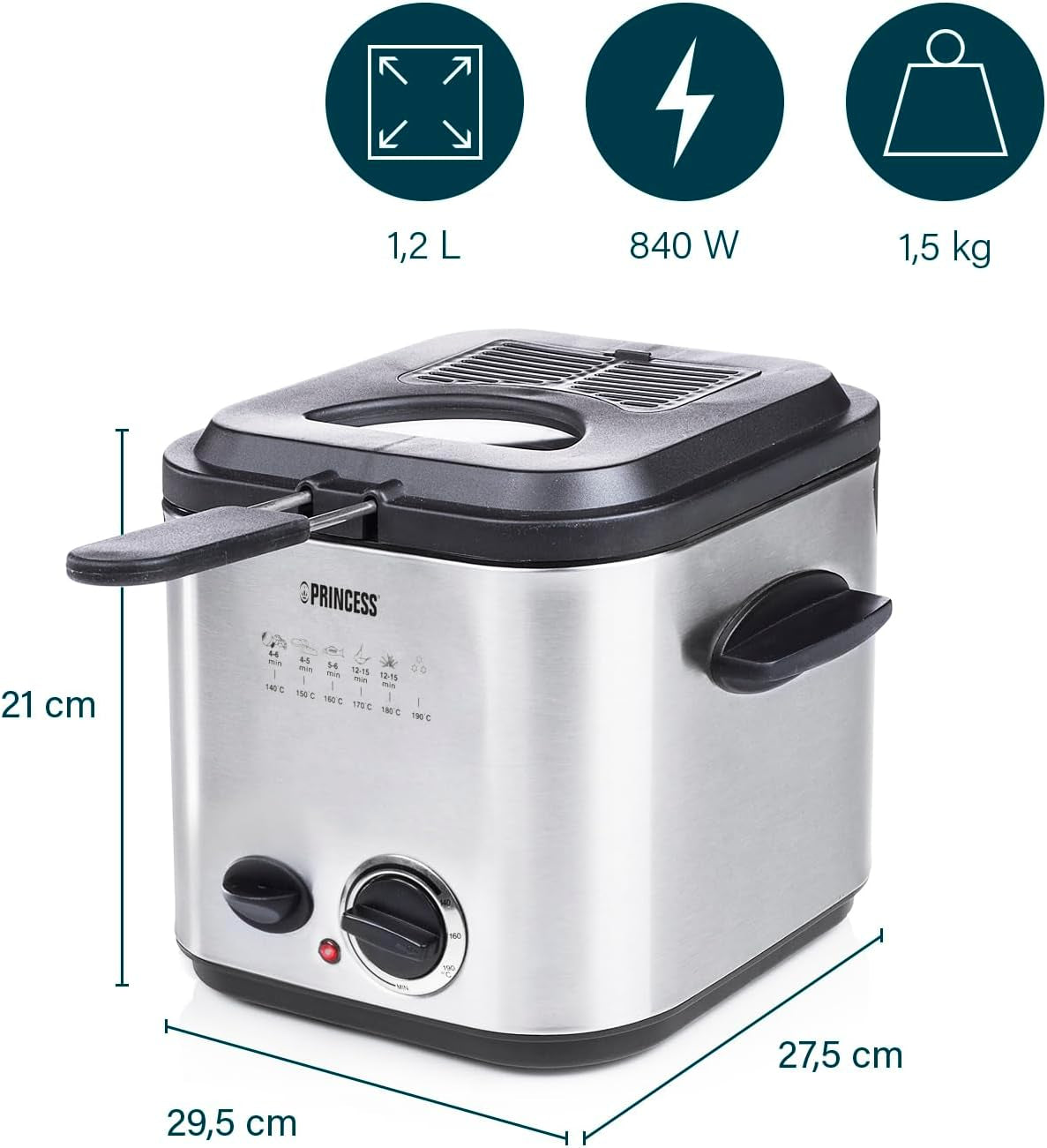 Princess 182611 Mini freidora de fondue - Calentamiento rápido - Filtro de olores - Capacidad 1,2 litros, Plata Electrodomésticos Naty Shop