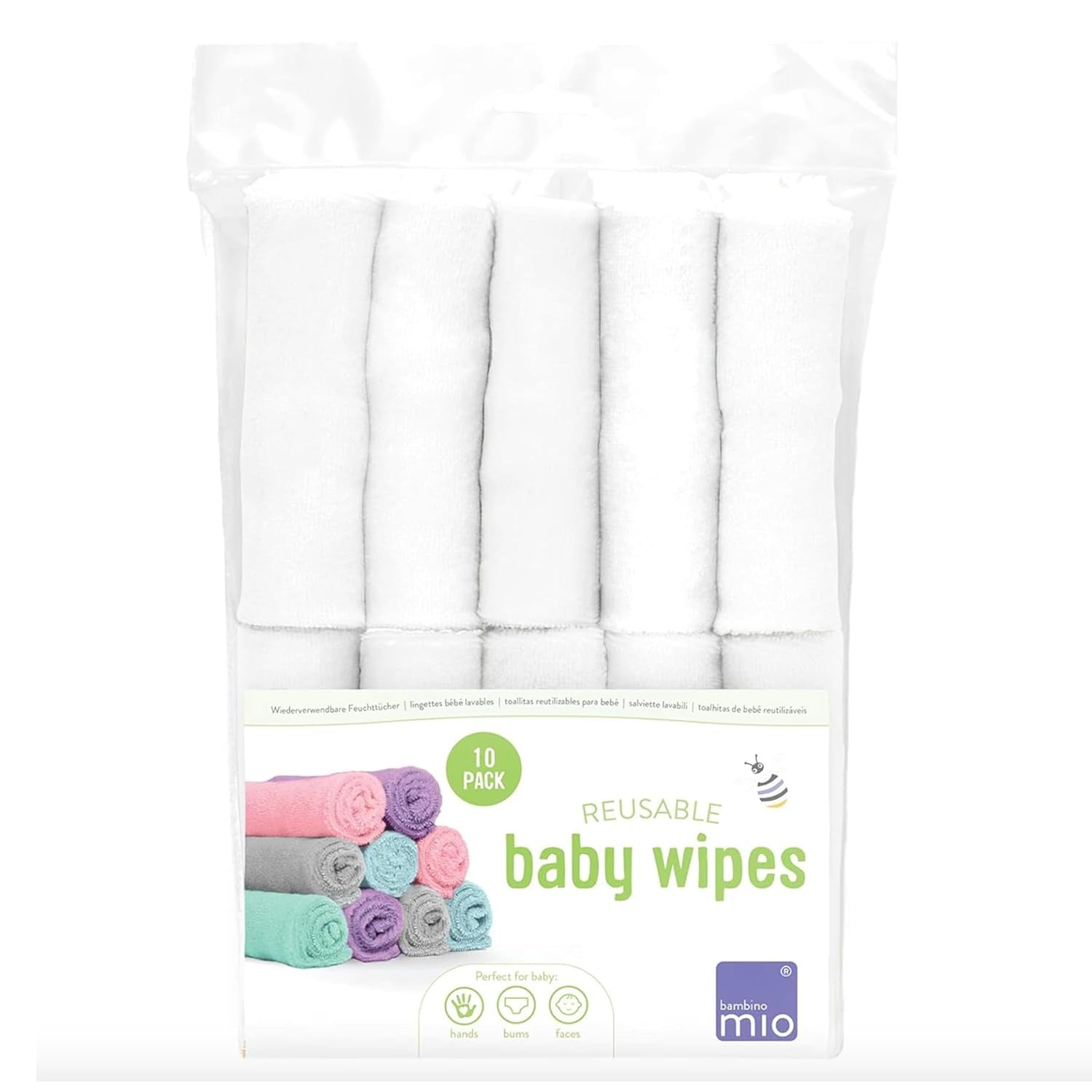 Toallitas reutilizables para bebé Bambino Mio - Básicas - Ecológicas, sin químicos, de doble cara, lavables, paquete de 10, nube - El embalaje puede variar