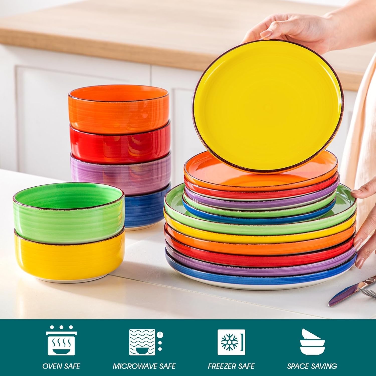 Vajilla para 6 personas Vancasso Bonita Vajilla de gres de 18 piezas Juego de platos y cuencos Servicio redondo Combinación de 6 platos llanos Ensaladeras y cuencos cada uno
