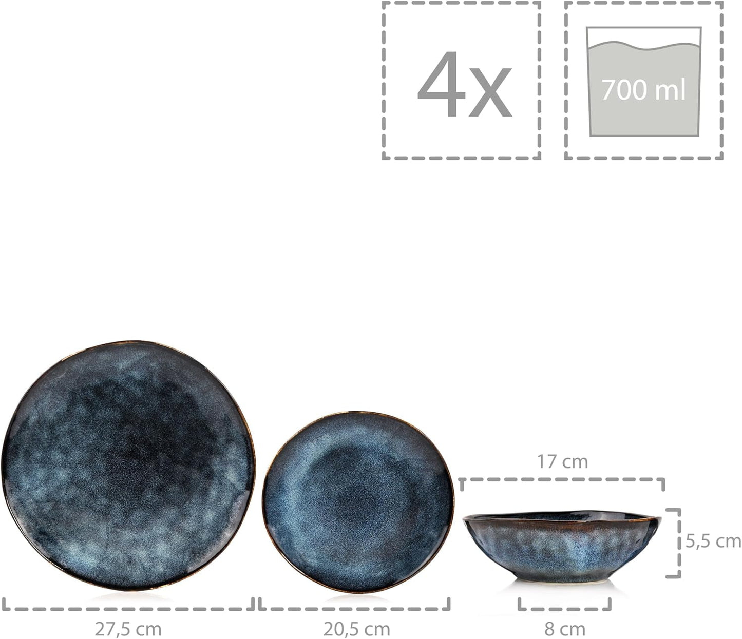 SANGER | Juego de vajilla Tokyo Juego de vajilla de gres de 12 piezas para 4, incluidos platos llanos, platos de postre y tazones, azul oscuro con detalles en negro | LA COLECCIÓN PREMIUM