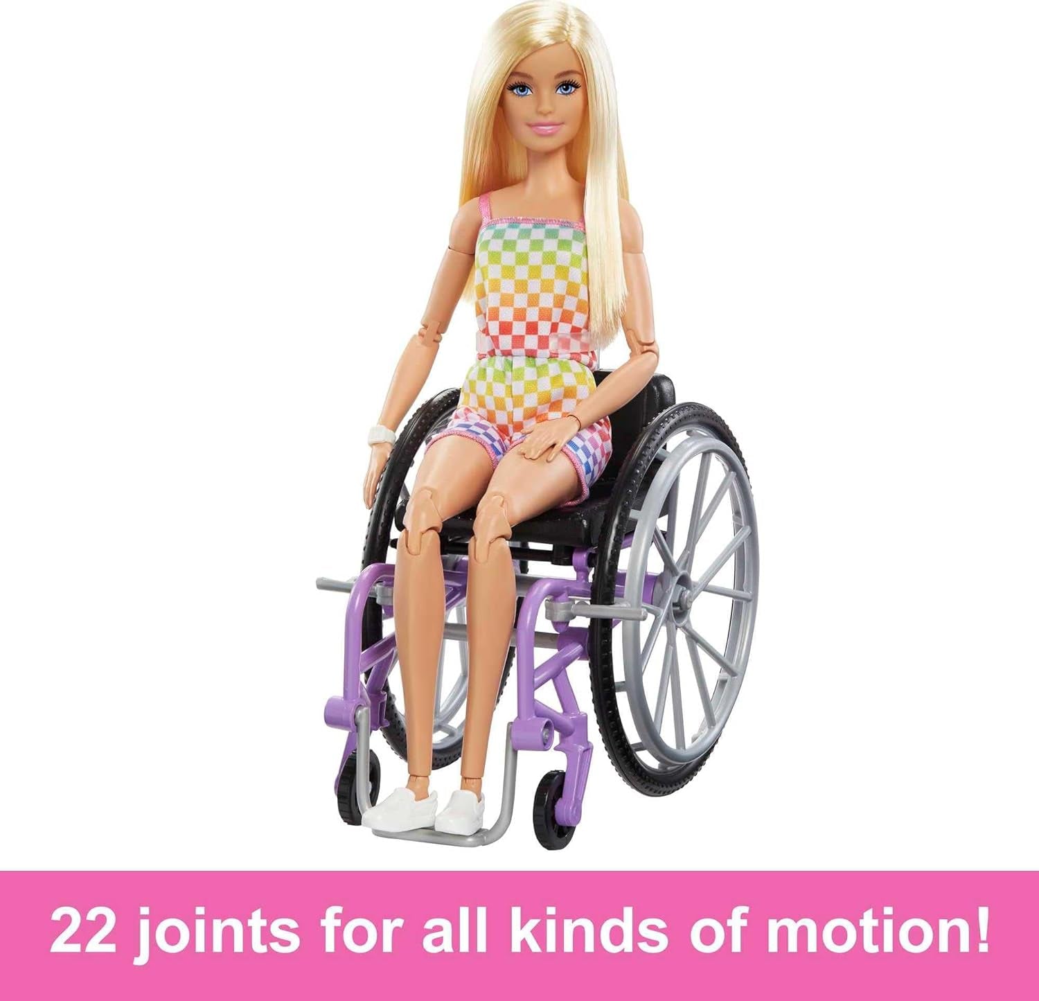 Muñeca Barbie Fashionista, cabello rubio y mono arcoíris, silla de ruedas y rampa incluidas, muñeca de regalo para niños, juguete para edades de 3 años en adelante, HJT13