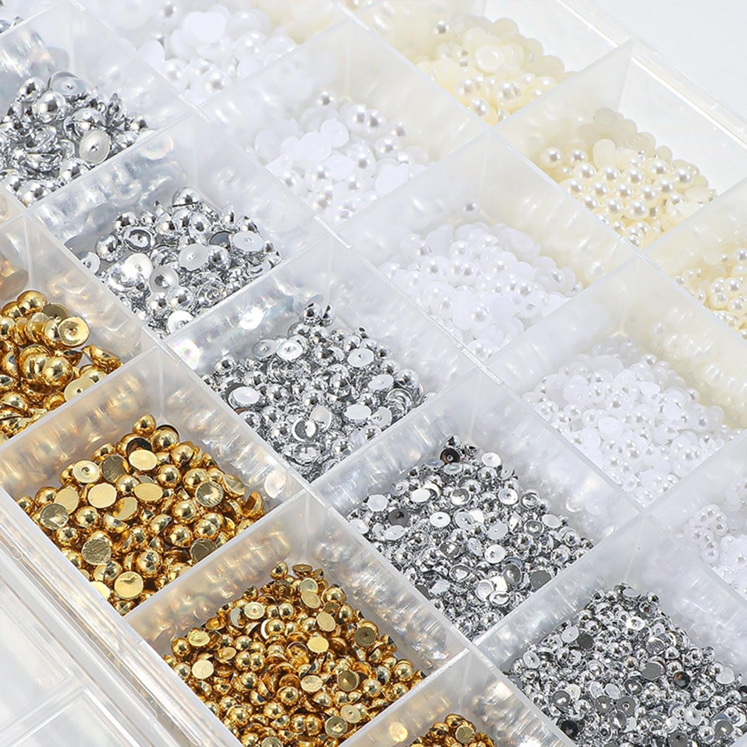 GZMAYUEN 920 Uds. Perlas planas doradas y plateadas para uñas, perlas de uñas color beige medio blanco, perlas pequeñas Halbrunde con parte posterior plana para decoración de uñas DIY