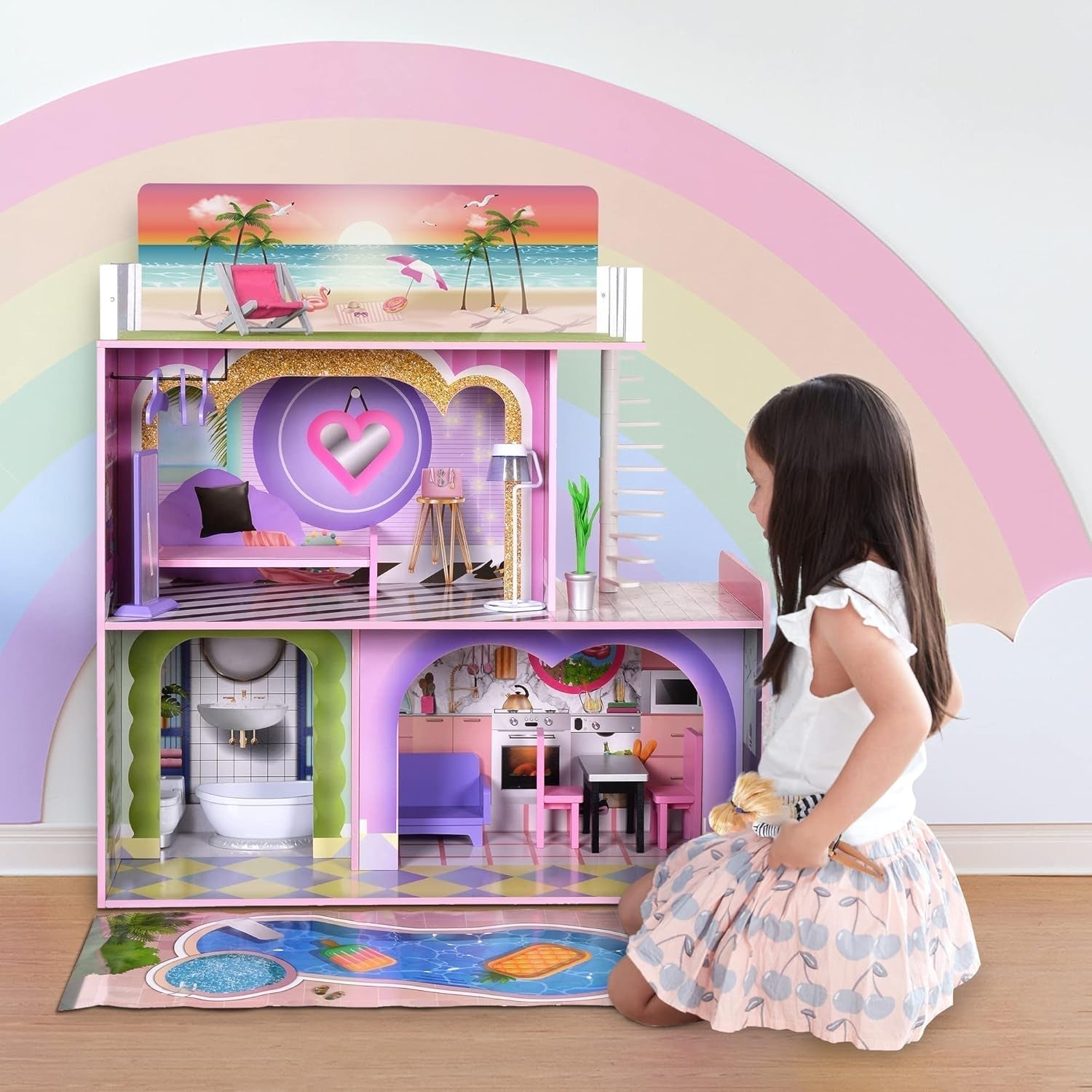 Olivia's Little World Big Dreamland Sunset Casa de Muñecas de Madera Interactiva para Niños Contemporánea 3 Pisos con 16 Muebles para Muñecas Accesorios Multi TD-13616A Casas de Muñecas Naty Shop