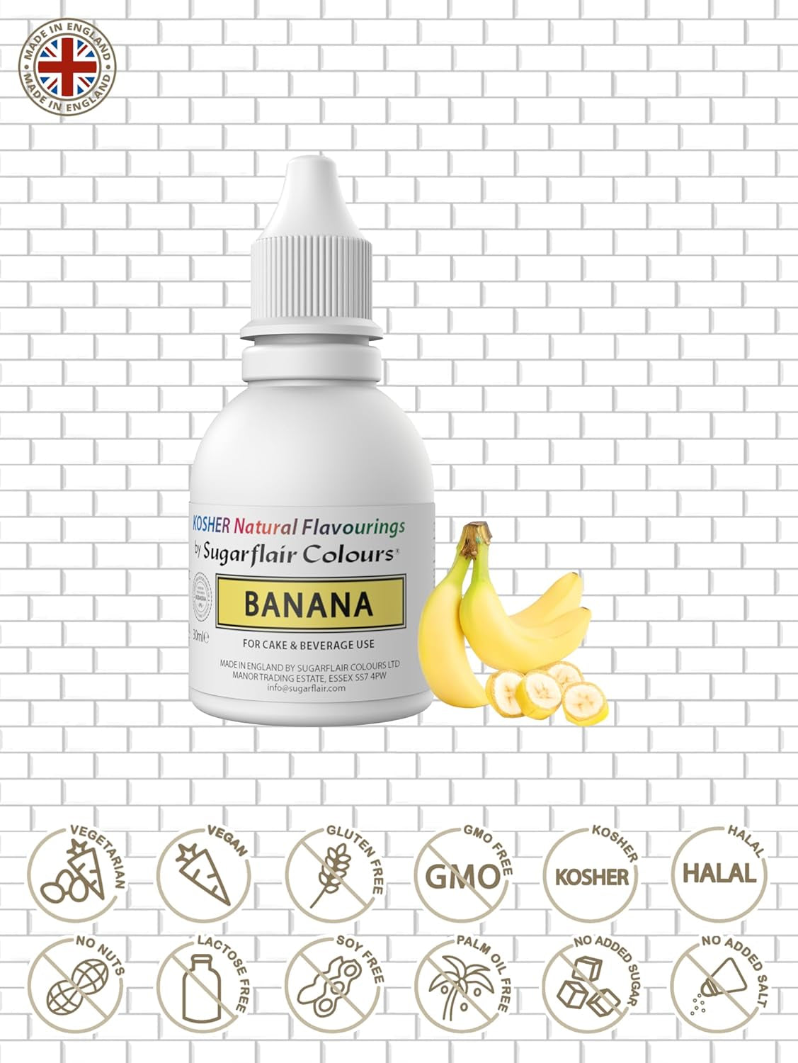Sugarflair Kosher Banana Natural Food Flavor Gotas de sabor intenso para pasteles, muffins, glaseados, bebidas, helados - Sabor 100% natural - 30 ml