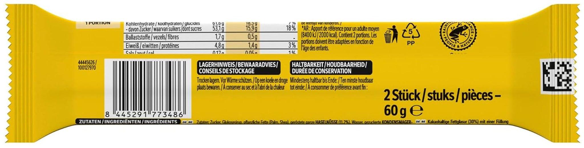Barritas de Chocolate NESTLÉ 2Pack, las clásicas con avellanas enteras y caramelo cubiertas de chocolate con leche, pack de 24 (24 x 2 x 30g)