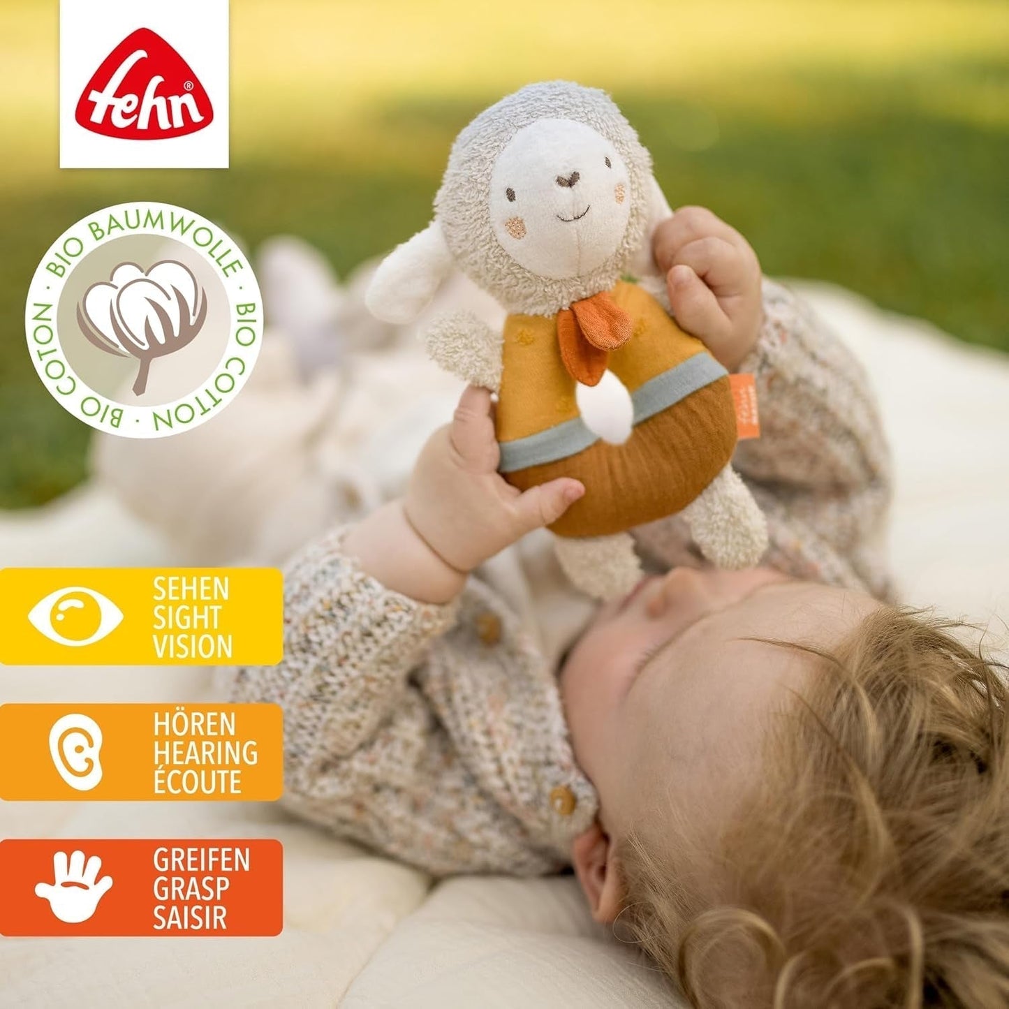 Fehn Baby Grip Ring Oveja de juguete fehnNATUR - Peluche con algodón orgánico - Juguete para bebé con cascabel y divertido juguete educativo - Juguete de agarre para bebés y niños pequeños a partir de 0 meses Baby Toys Naty Shop
