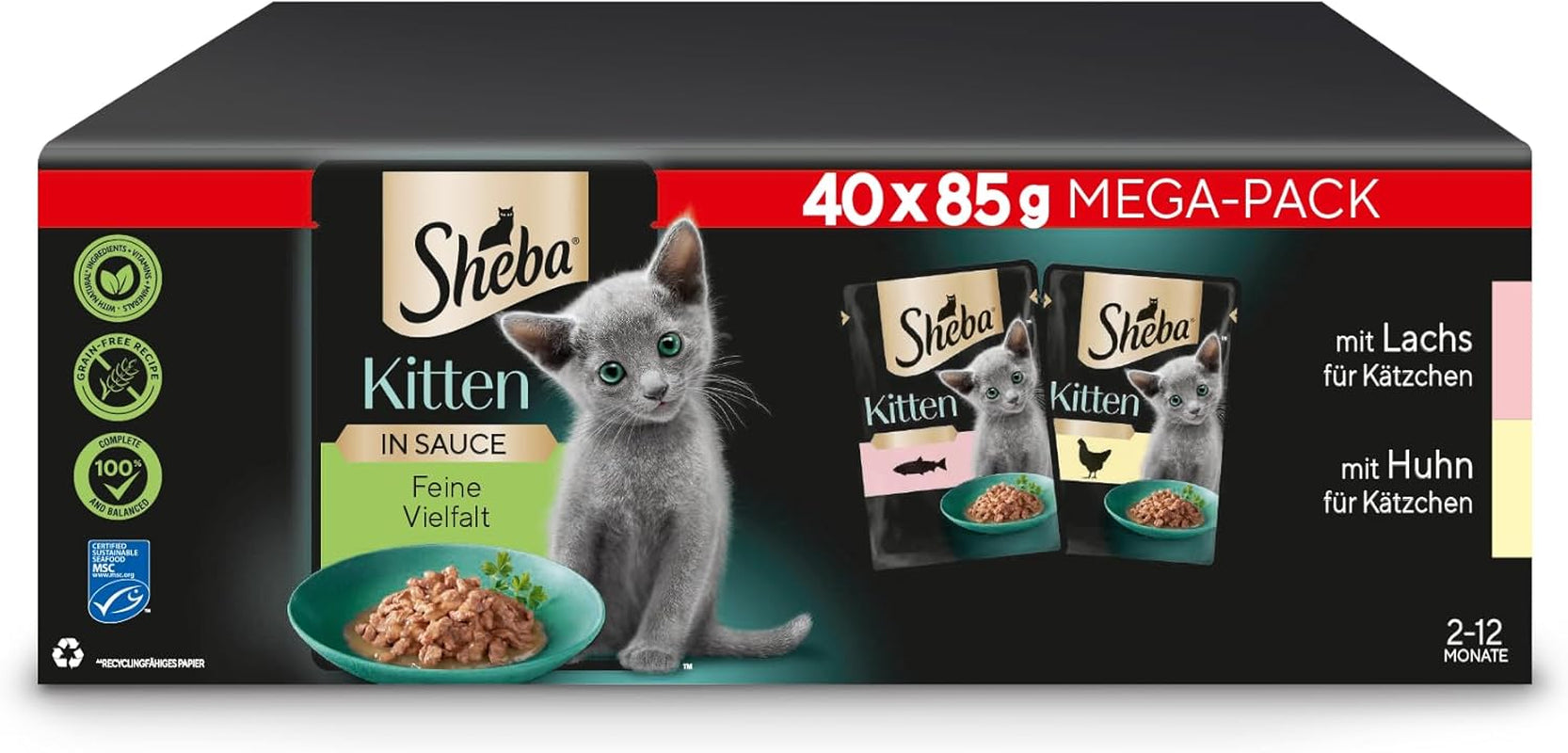 Sheba comida húmeda para gatitos, en sobres surtidos, con salmón (MSC) y pollo en salsa, multipack 40x85g
