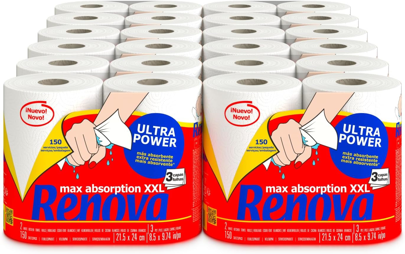 Rollos de cocina Renova Renova Ultrapower | 24 rollos XXL = 60 rollos estándar | 3 capas ultraabsorbentes y de máxima resistencia | papel certificado fsc