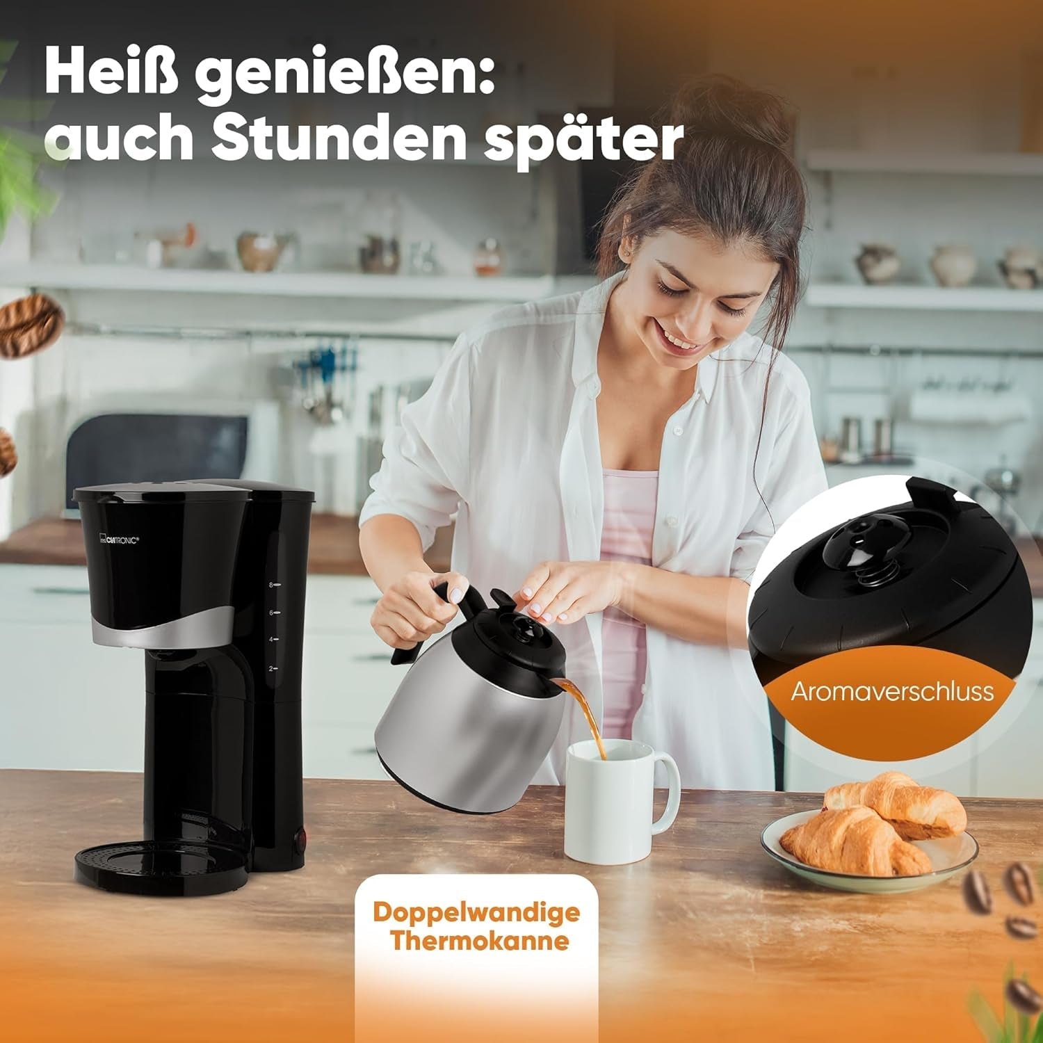 Cafetera Clatronic® con termo | para 8-10 tazas de café | sin pérdida de temperatura | cafetera con filtro | 1 litro | Café expreso | Cafetera de filtro con termo | KA 3327 negro