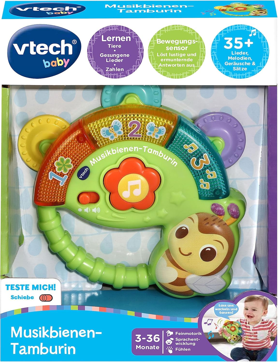 Vtech Pandereta Musical Abeja Bebé - Juguete musical con números, sonidos divertidos, frases y canciones - Para niños de 3 a 36 meses Juguetes para bebés Naty Shop