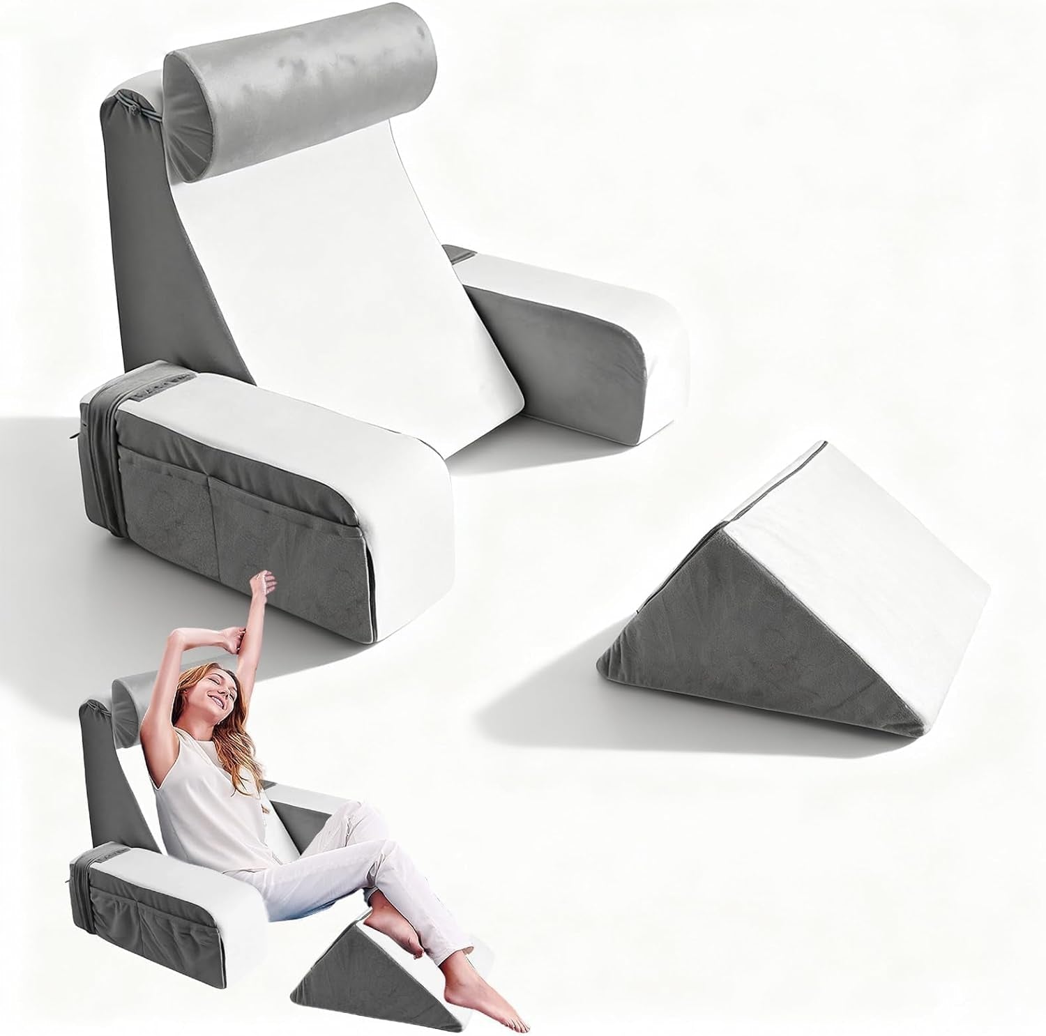 Almohada de lectura con soporte para el cuello y apoyabrazos desmontables, cómoda y liviana almohada para la espalda para cama y sofá, almohada para la espalda para adultos, respaldo de espuma viscoelástica para leer, mirar televisión y videojuegos