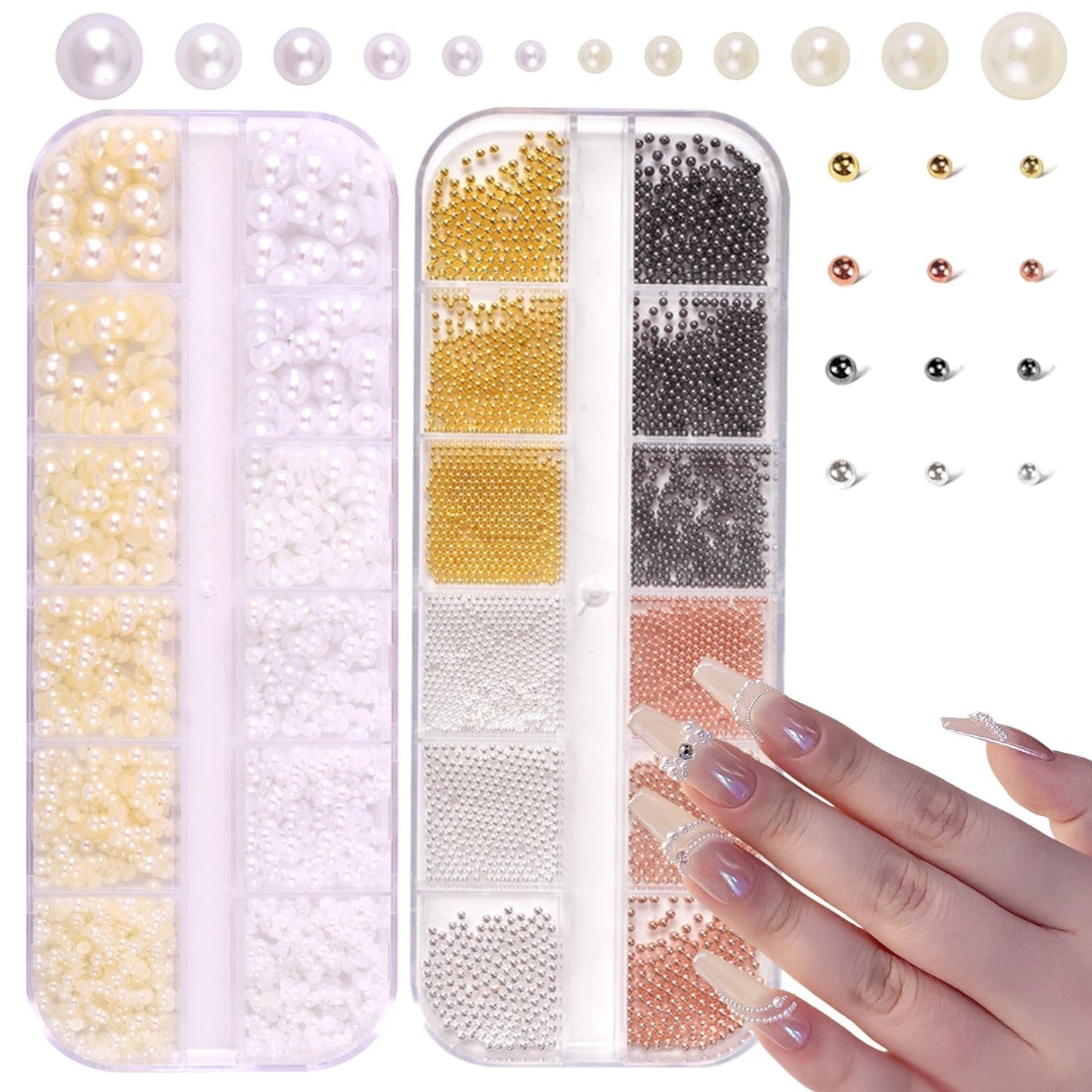 GZMAYUEN Nail Art Perlen Micro Caviar para uñas, 0,3-3 mm Goldene Silber Mini Caviar Strasssteine, Weiß Beige Mini Nägel Perlen Mikroperlen Dekor para uñas