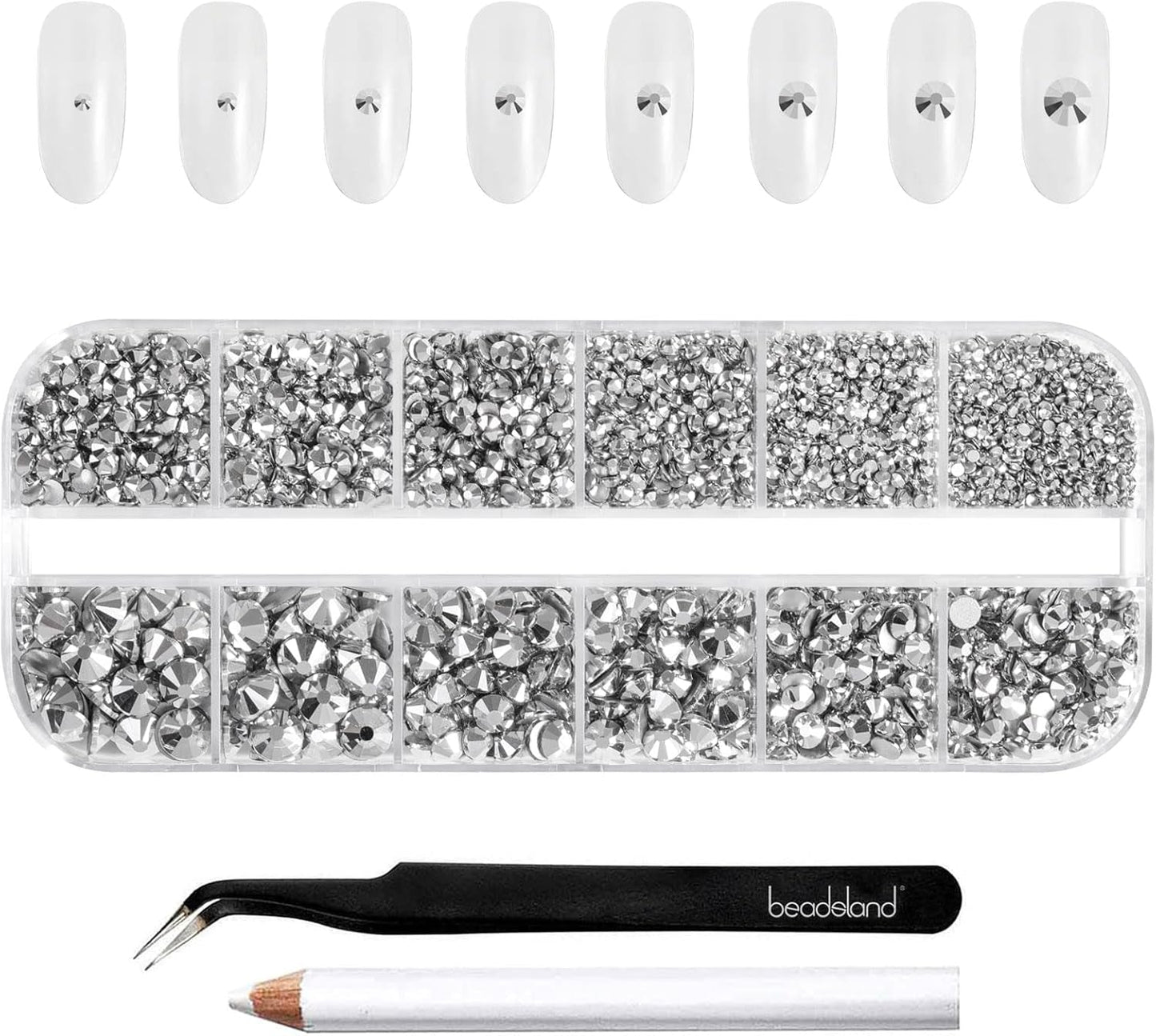 Beadsland 2500 piezas de piedras de cristal para decoración de uñas con parte trasera plana, piedras preciosas para trabajos manuales de 8 tamaños SS4 ~ SS30 con pinzas y puntas (Kristall Weiss)