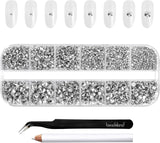 Beadsland 2500 piezas de piedras de cristal para decoración de uñas con parte trasera plana, piedras preciosas para trabajos manuales de 8 tamaños SS4 ~ SS30 con pinzas y puntas (Kristall Weiss)