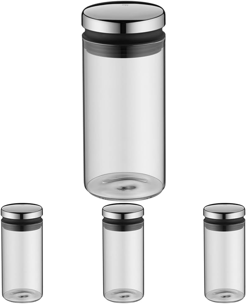 WMF Depot Tarro de cristal de 1 litro, altura 21,5 cm, tarro de almacenamiento con tapa, recipiente para granos de café, tarro de cereales, tarro de almacenamiento de alimentos con amplia apertura de llenado (paquete de 4) Naty Shop Cajas individuales de almacenamiento de alimentos de 1 litro (paquete de 4)
