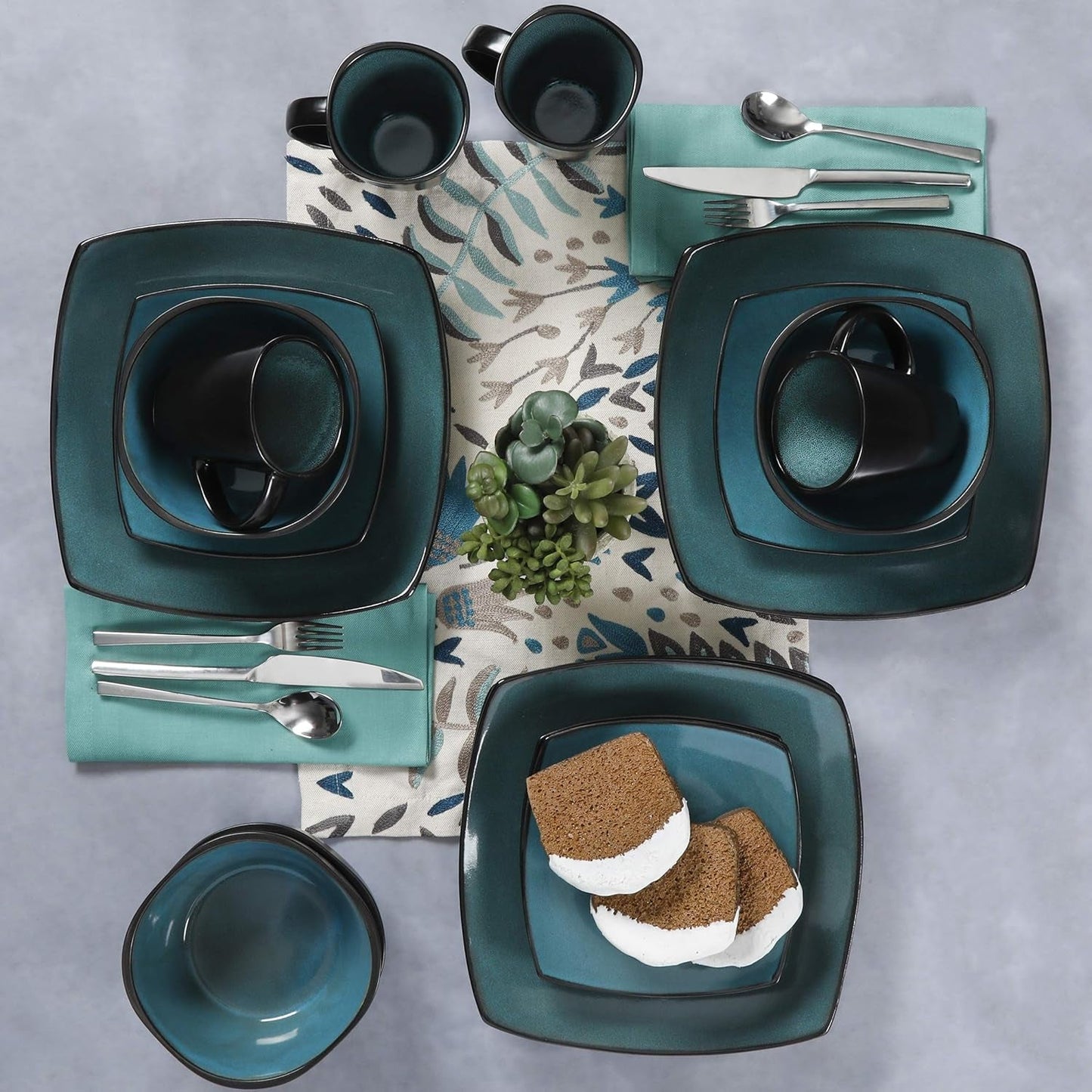 Gibson 99813.16R Elite Soho Lounge Reactive Glaze Vajilla para 4 personas, 16 piezas, efecto bicolor azul-verde/negro