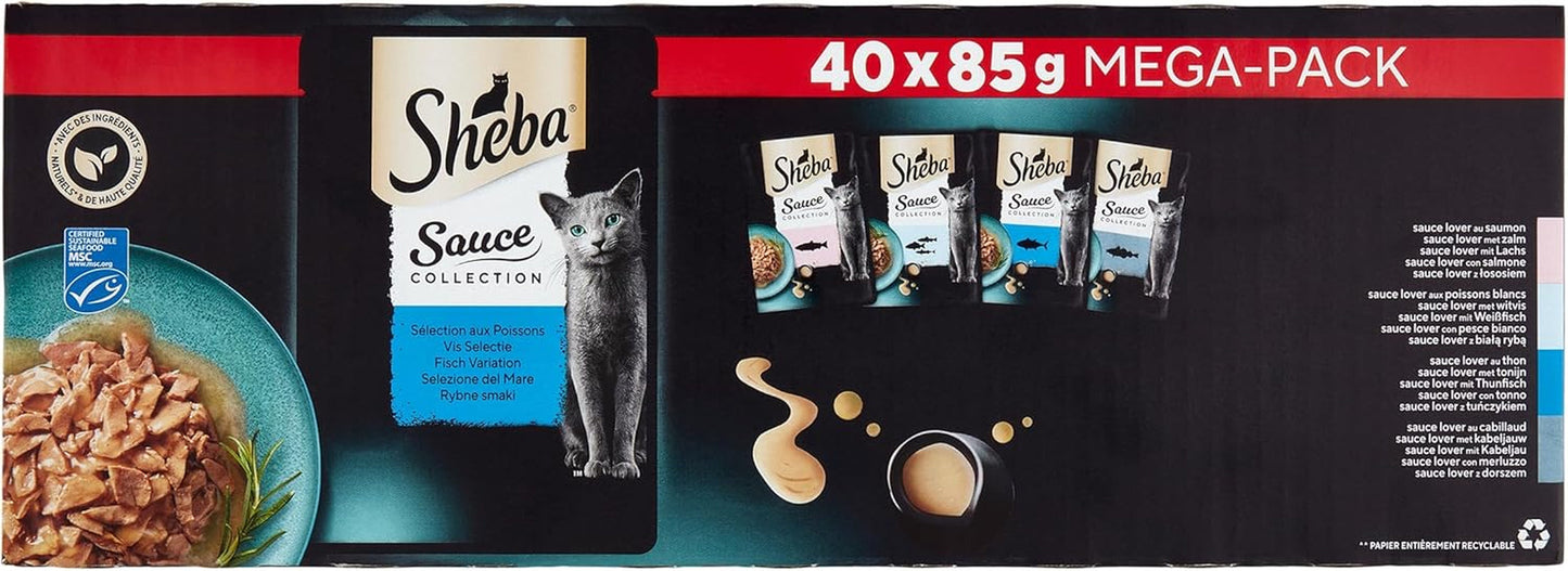 Sheba Sauce Collection Freshness Sachets, Comida Húmeda, Selección de Pescado para Gatos Adultos, 4 Variedades, 40 x 85g