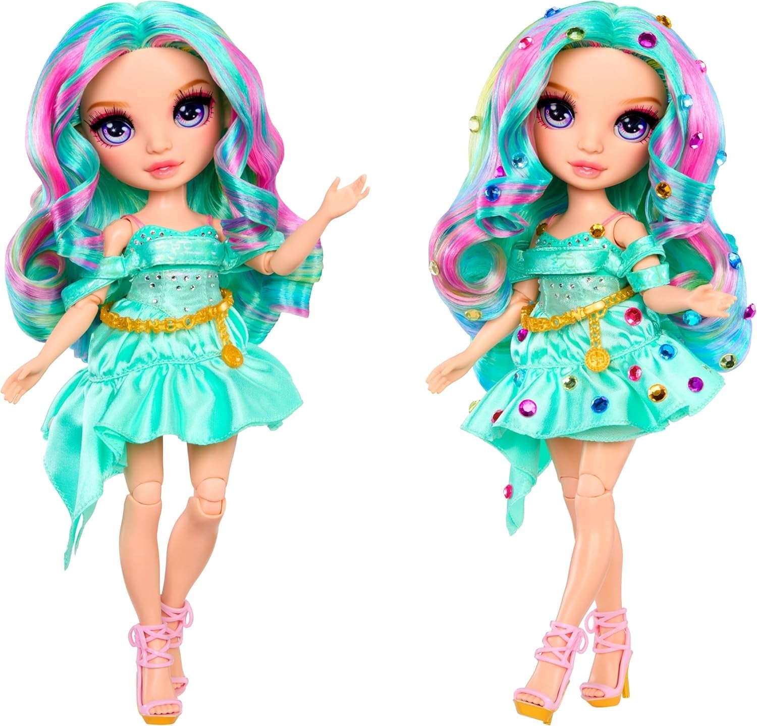 Muñeca Rainbow High Be Dazzling Fashion - Celine Turquesa - Azul-Verde, 28 cm, con herramienta de decoración, gemas brillantes y accesorios de peinado