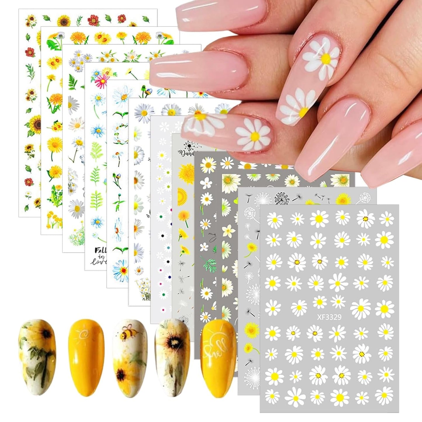 12 hojas de pegatinas para uñas con efecto 3D, curado UV, pegatinas para uñas de flores de larga duración, pegatinas artísticas para uñas con margaritas blancas y amarillas