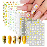 12 hojas de pegatinas para uñas con efecto 3D, curado UV, pegatinas para uñas de flores de larga duración, pegatinas artísticas para uñas con margaritas blancas y amarillas