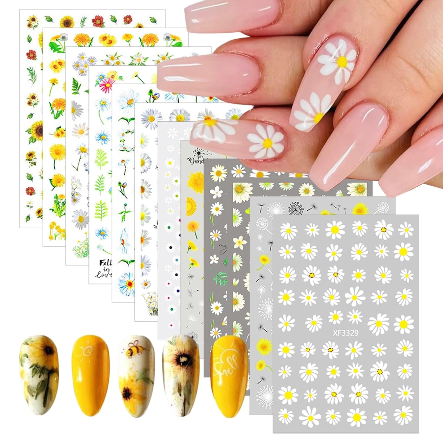 12 hojas de pegatinas para uñas con efecto 3D, curado UV, pegatinas para uñas de flores de larga duración, pegatinas artísticas para uñas con margaritas blancas y amarillas