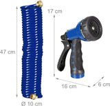 Relaxdays Manguera en espiral extensible hasta 10 m Manguera de jardín flexible con pulverizador de agua 7 patrones de pulverización azul 25 x 52 x 15 cm