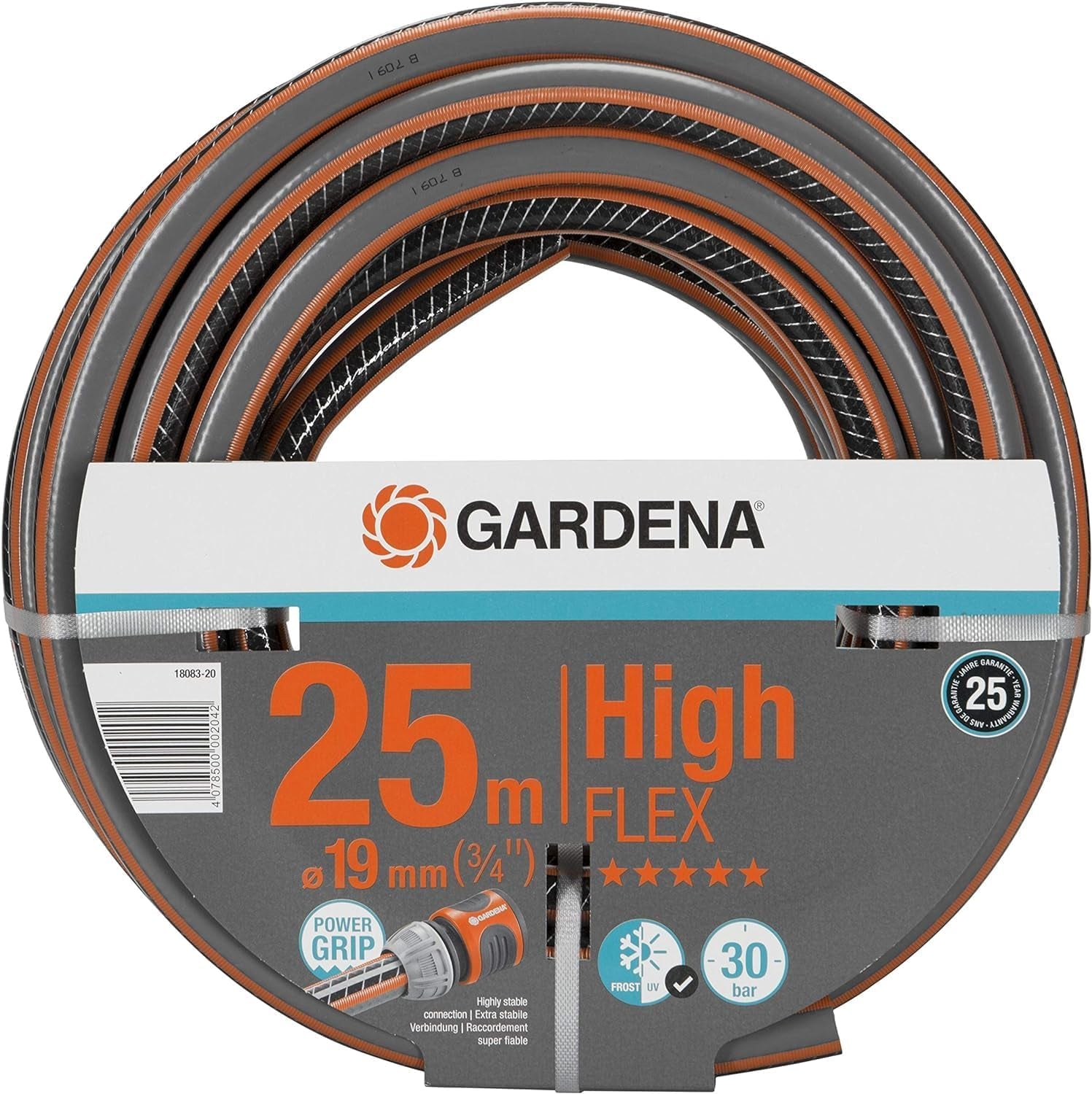 Gardena Manguera de jardín Cloruro de polivinilo (PVC), Comfort HighFLEX 19 mm (3/4 pulgadas), 50 m: Manguera de jardín con perfil Power-Grip, presión de rotura de 30 bar, muy flexible, dimensionalmente estable, resistente a los rayos UV, embalada (18085-20)