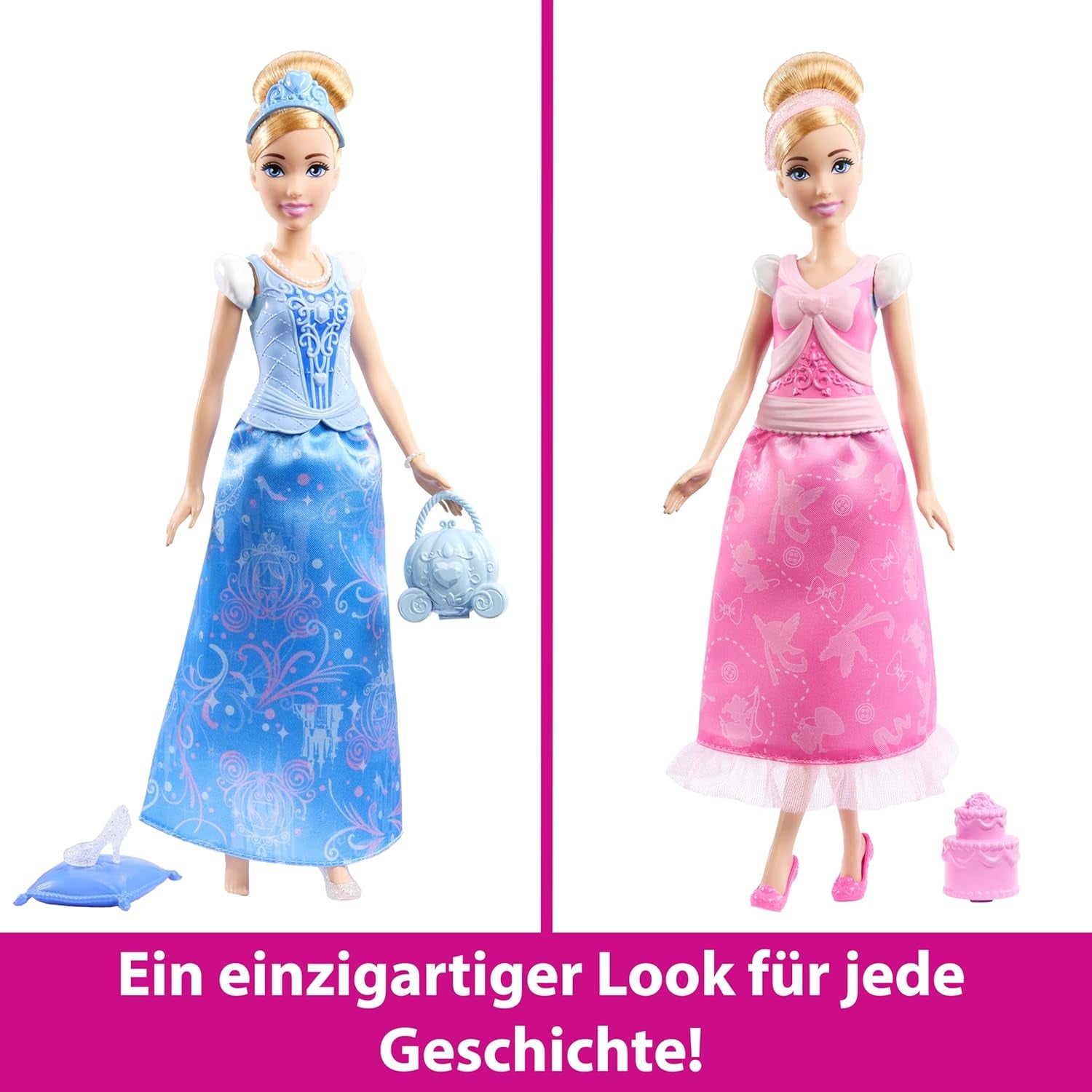 Muñeca de moda Mattel Disney Princess Toys Cenicienta con 2 conjuntos, 9 accesorios, 2 tops con clips y 2 faldas. Historias 2 en 1 inspiradas en la película de Disney, JCR95