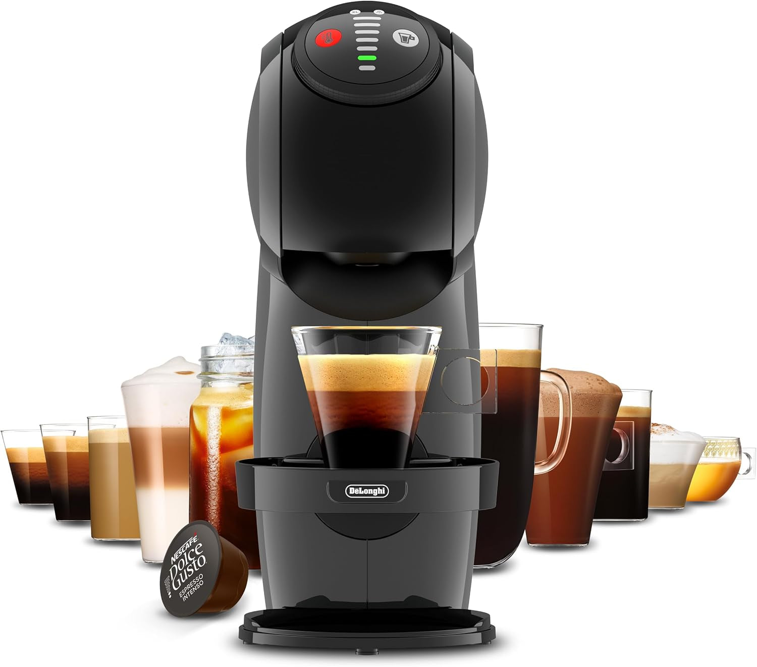 NESCAFÉ DOLCE GUSTO DeLonghi Dolce Gusto Genio S EDG226.A, Cafetera espresso de cápsulas que incluye 3 cápsulas, diseño compacto, bandeja de goteo ajustable, 0,8 l, depósito de agua extraíble, 1470 W, Antracita