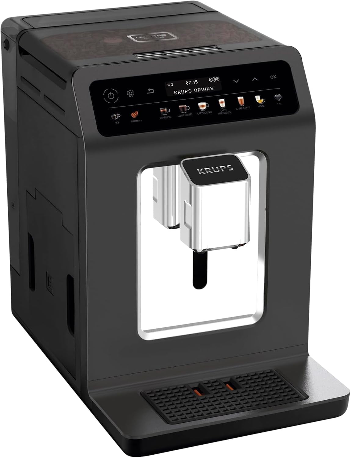 KRUPS Evidence One Cafetera espresso automática con manguera para leche, capuchino de un toque, 12 bebidas especiales, función de 2 tazas, pantalla a color, cafetera espresso, certificado TÜV, negra, EA895N10