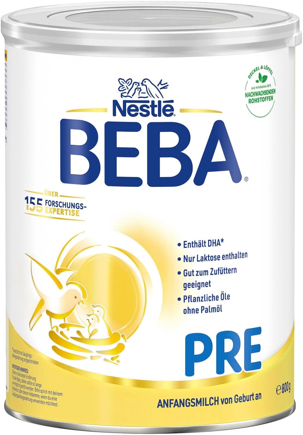 BEBA PRE Leche Inicial desde el Nacimiento, Papilla con DHA, Solo Lactosa, Sin Aceite de Palma, Pack 3 (3 x 800g) Naty Shop