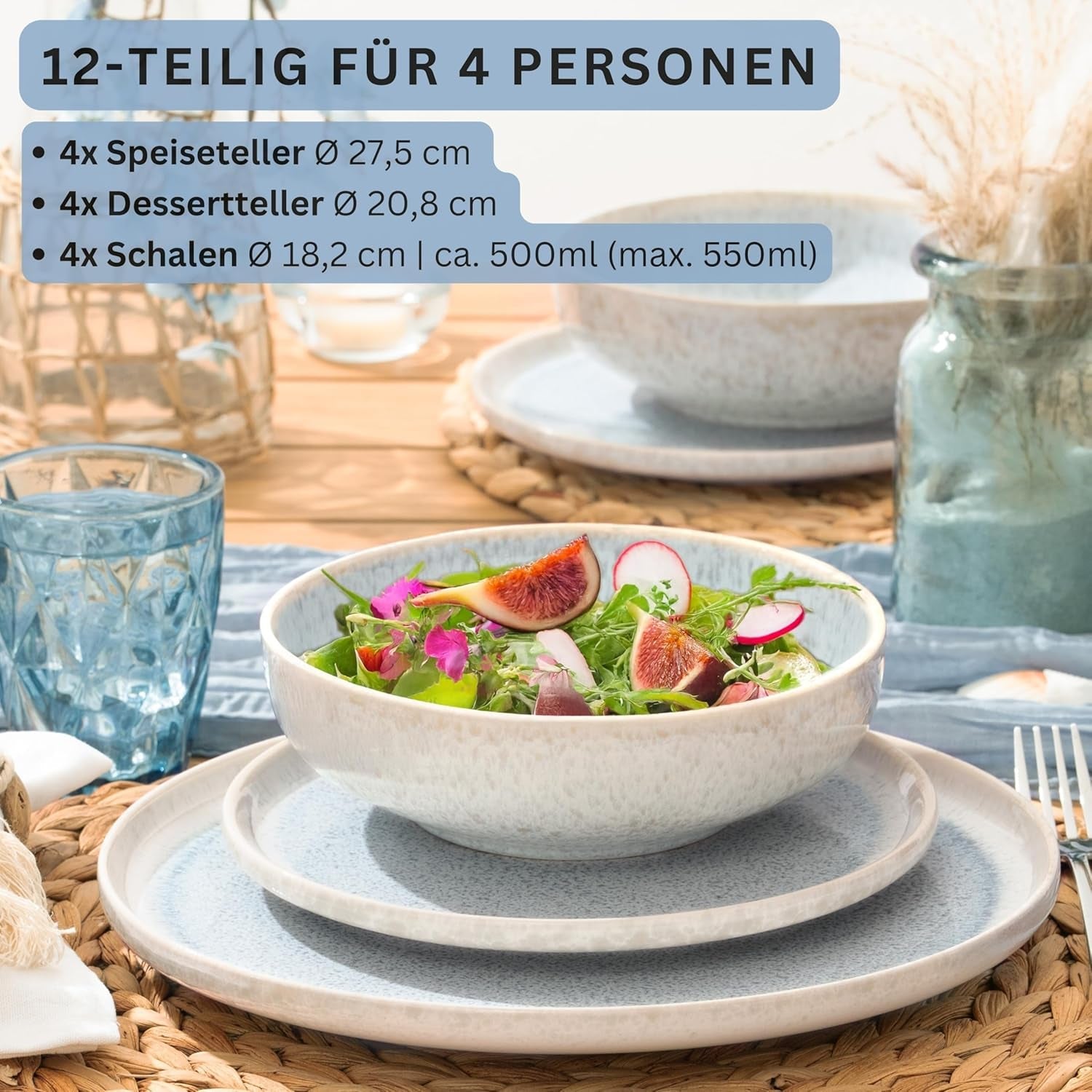 SANGER | Juego de vajilla Santorini de 12 piezas Juego de platos para 4 personas Juego de vajilla de gres con calificación MUY BUENA que incluye platos llanos, platos de postre y platos Suma Crema Lila Azul Degradado | LA COLECCIÓN PREMIUM