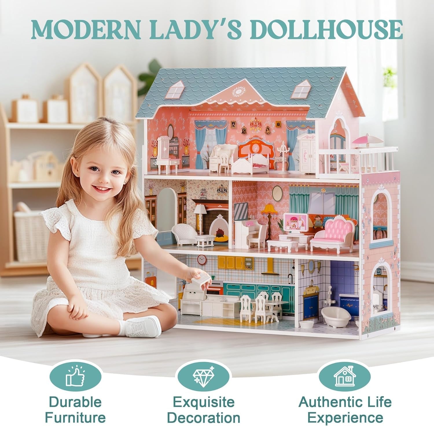 Casa de Muñecas de Madera con Muebles y Accesorios Casa de Juegos para Niñas Juguetes de Sala de Juegos Casas de Muñecas Naty Shop