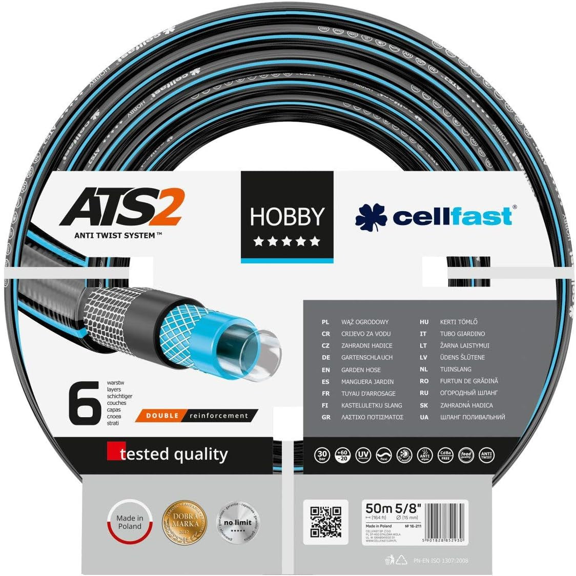 CELLFAST Manguera de jardín Manguera de agua de 6 capas Manguera de riego de tela trenzada doble Manguera flexible antialgas resistente a los rayos UV 32 bar 1 pulgada 25 metros Hobby