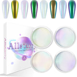 Chrom Nagel Pulver 4 Farben Irisierendes Aurora Pulver Metallic Spiegel Effekt Pigment Pearlescent Meerjungfrau Glitter Einhorn Glitter para esmalte de uñas en gel Decoración-Purpurgrüner Jadeit