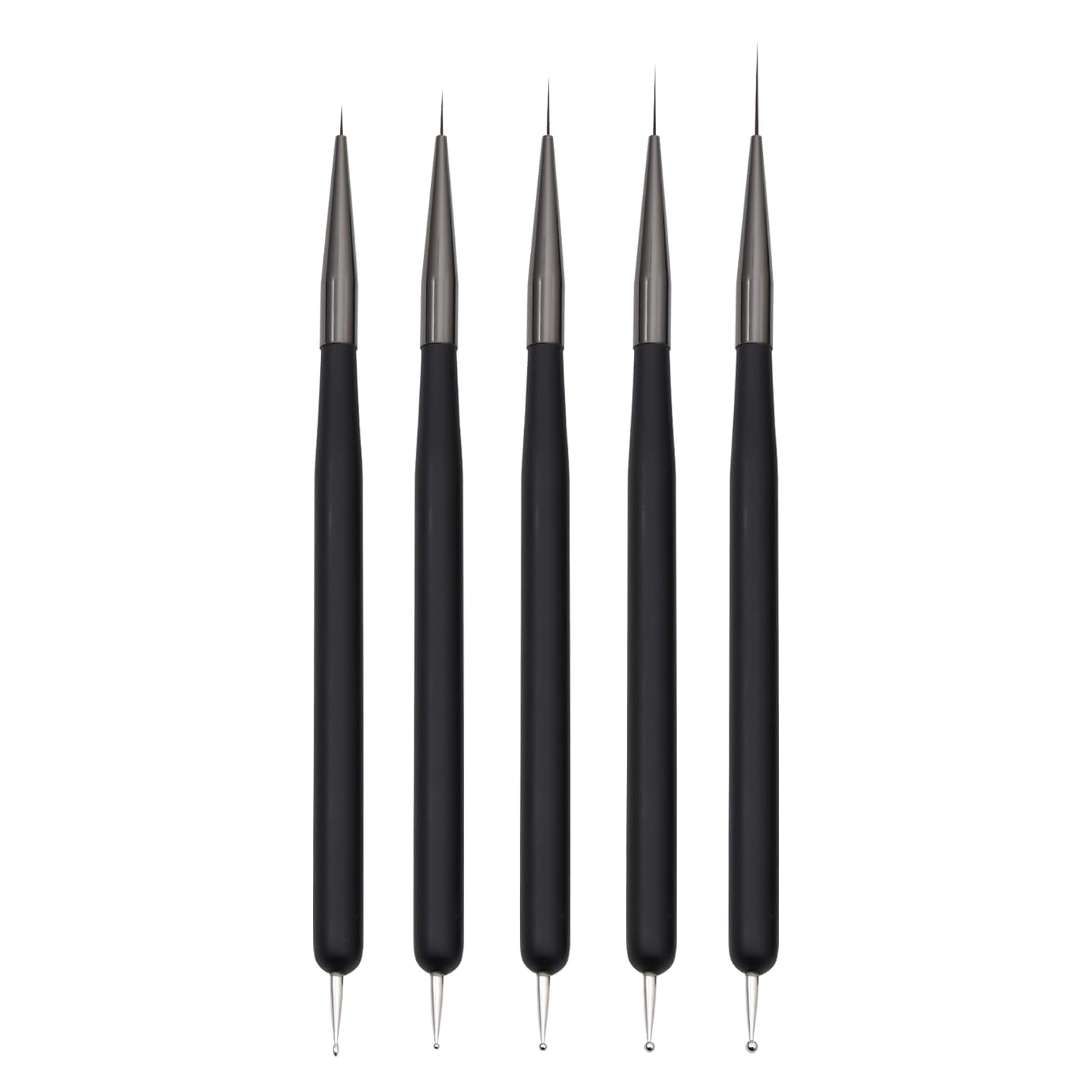 Nagelkunst-Pinsel, 5 piezas, Nailart-Pinsel, Punktierstift-Werkzeuge, Malkunst-Design-Pinsel-Set para Lange Linien, Dünne Details, Feine Zeichnungsgrößen 7/9/11/15/22 mm, negro