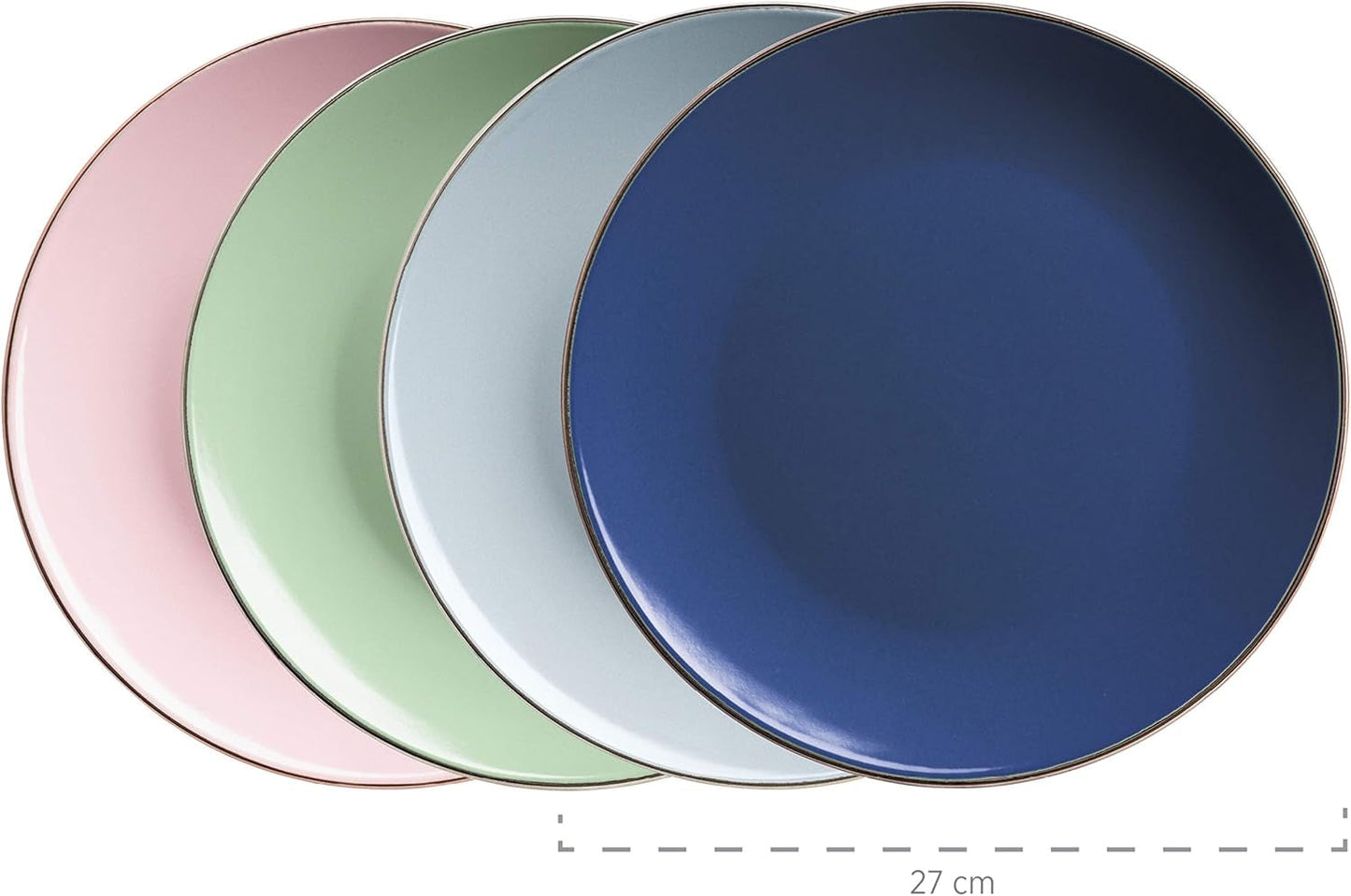 MÄSER 931870 Estructura de metal, Juego de vajilla moderno para 4 personas con estructura de color latón, juego combinado de 16 piezas con formas cupé sin marco, Multicolor, Gres, Pastel'n'Blue