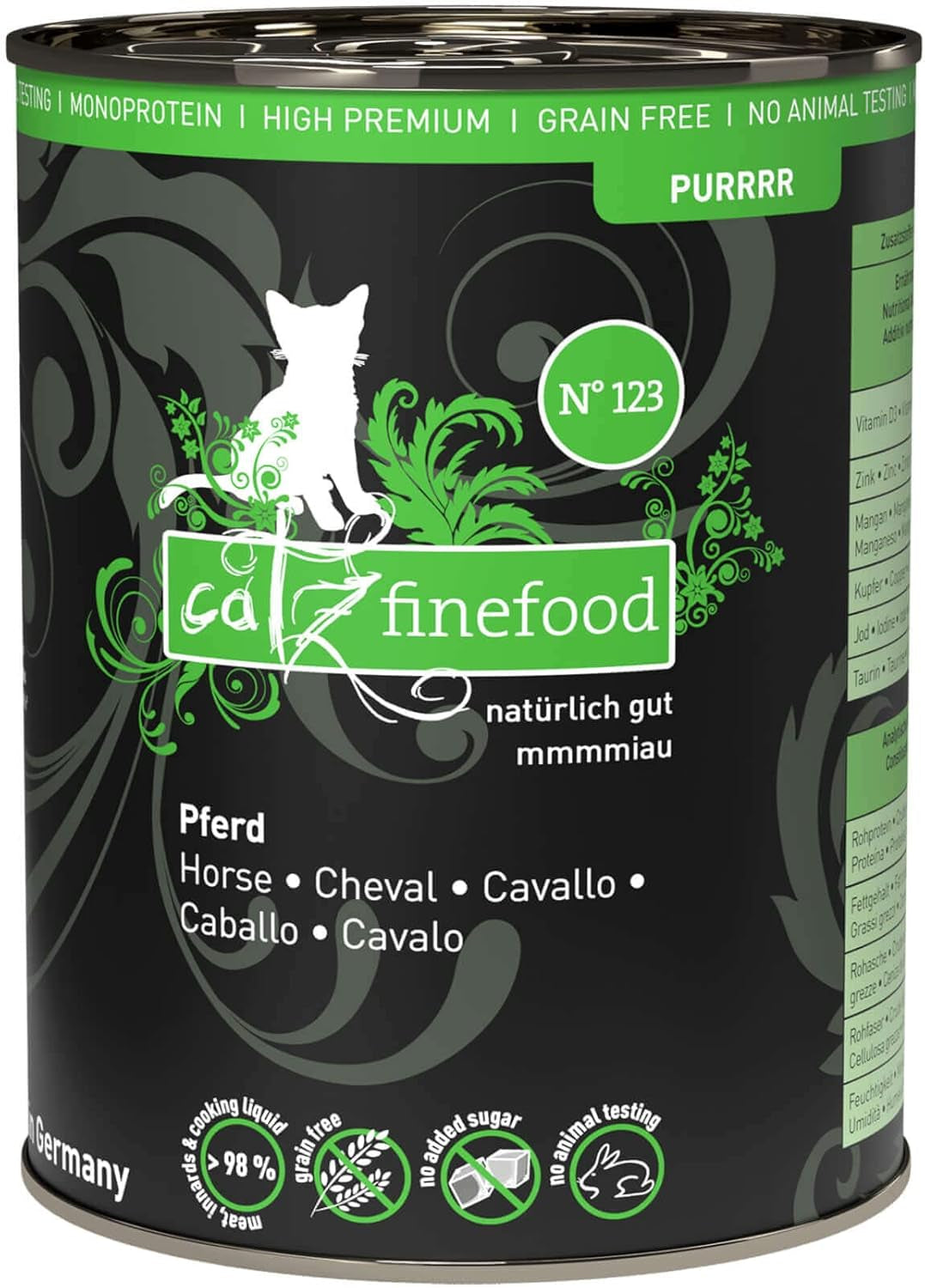 Comida húmeda para gatos Catz Finefood Purrrr Horse Monoprotein no. 123, para gatos con digestión sensible, 70% de contenido de carne, 6 cajas x 400 g