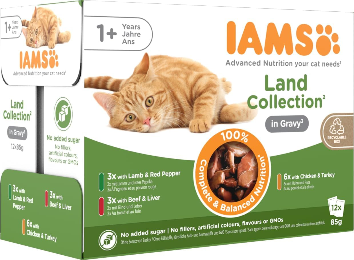 IAMS Delights Land Collection Comida húmeda para gatos - Multi-pack con variedades de carnes (cordero, ternera, pollo y pavo) en salsa, comida húmeda para gatos a partir de 1 año, 12 x 85g