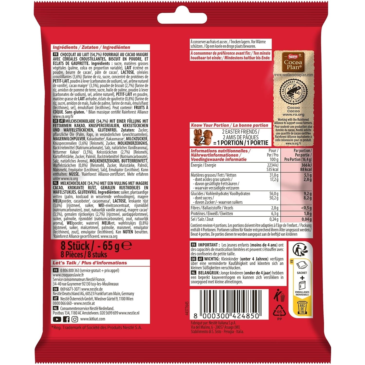 Mini figuras de Pascua de chocolate con leche y trozos crujientes de NESTLÉ, paquete de 2 (1 x 65 g)