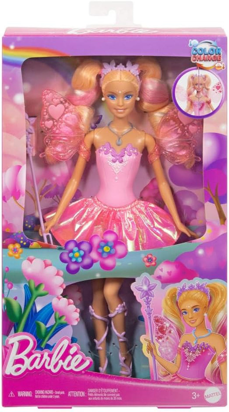 Muñeca Barbie Mattel con varita mágica y accesorios de moda, tema de fantasía con alas y atuendo que cambia de color, JCP76, [Multicolor]