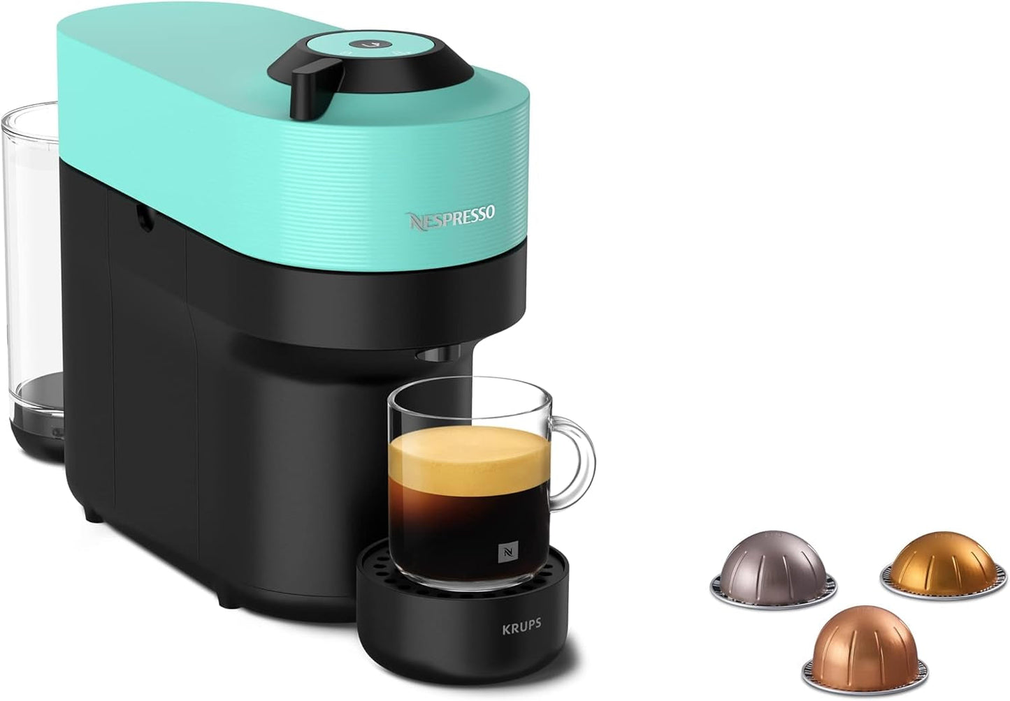 Cafetera espresso con cápsulas Nespresso Krups Vertuo Pop, capacidad: 560 ml, reconocimiento automático de cápsulas, sistema one-touch, 4 tamaños de taza, tiempo de calentamiento reducido, sostenible, Aqua Mint, XN9204
