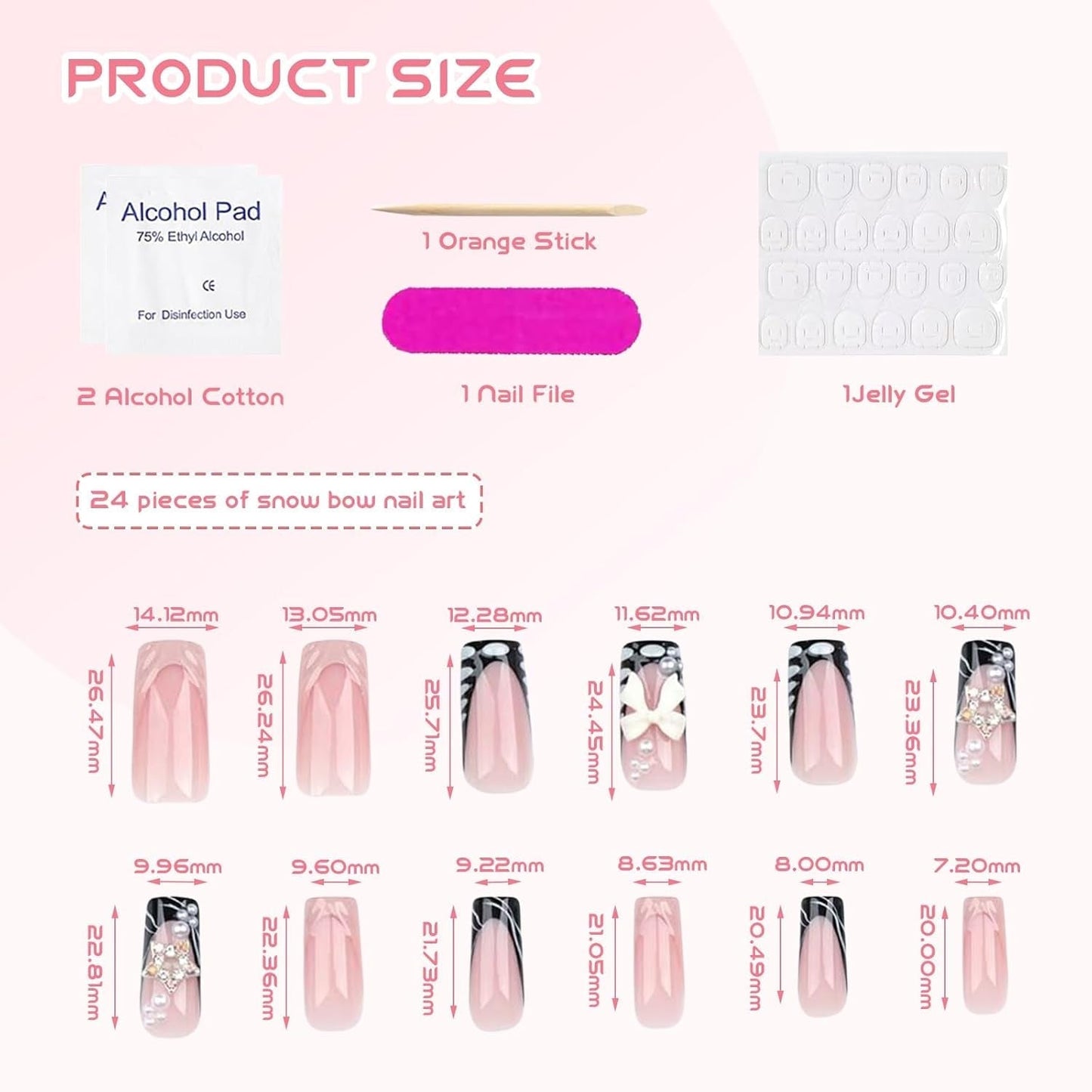 24 uñas postizas 3D con purpurina cuadrada rosa y diamantes de imitación de longitud media para mujeres y niñas