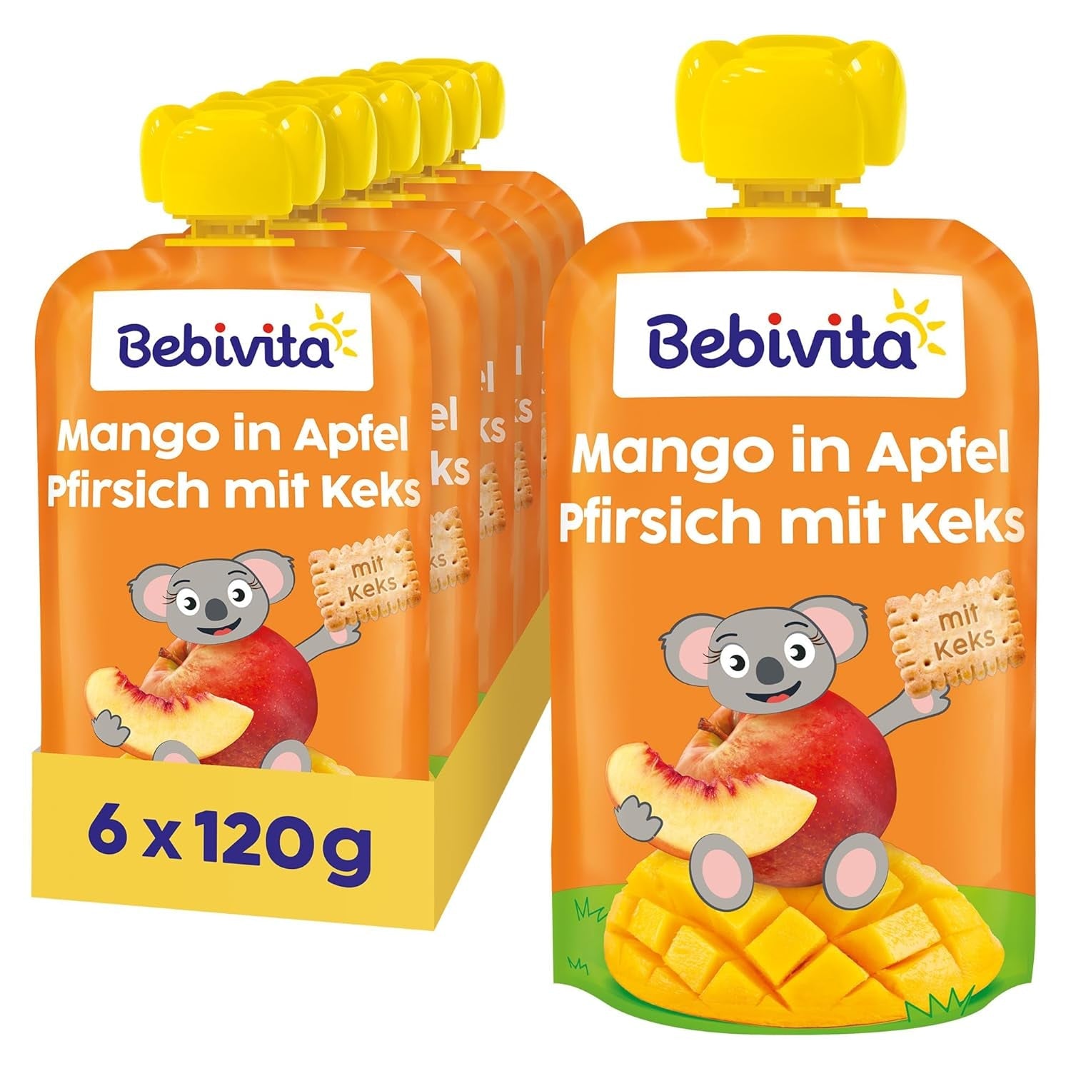 Mango en salsa de manzana y melocotón con bolsa de galletas (6 x 120 g), sin azúcares añadidos, a base de frutas suaves y valiosos cereales, ideal para snacks envasados ​​y para llevar.