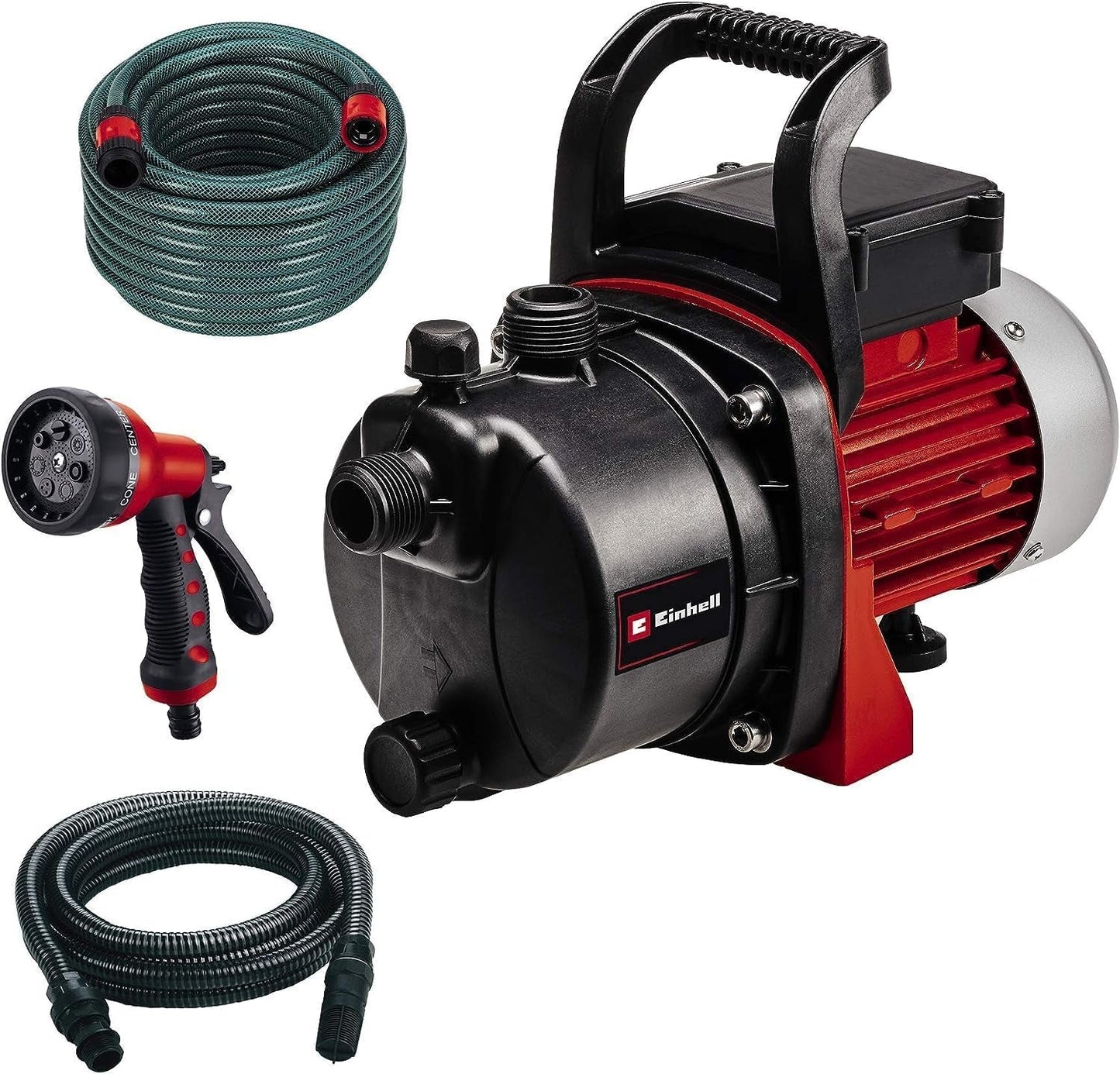 Set de bomba de jardín Einhell GC-GP 6538 Set/I (650 W, máx. 3,6 bar, caudal 3800 L/h, tornillo de llenado/vaciado de agua, incl. manguera de aspiración de 4 m + manguera de jardín de 20 m + pistola rociadora)