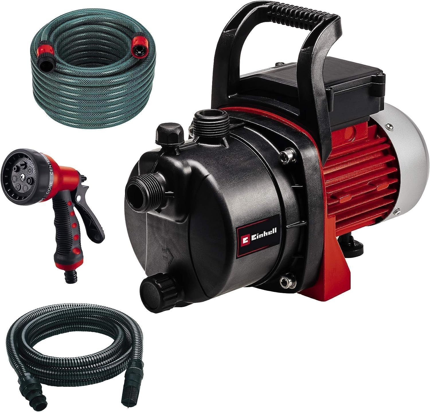 Set de bomba de jardín Einhell GC-GP 6538 Set/I (650 W, máx. 3,6 bar, caudal 3800 L/h, tornillo de llenado/vaciado de agua, incl. manguera de aspiración de 4 m + manguera de jardín de 20 m + pistola rociadora)