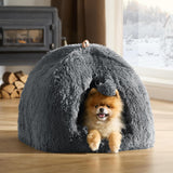 BEDSURE Katzenbett große Katzen Katzenhöhle- 44x44x44 cm Plüsch Katzenhaus Indoor mit abnehmbarem Katzenkissen und hängendem Spielzeug, Katzen Bettchen washbar, dunkelgrau