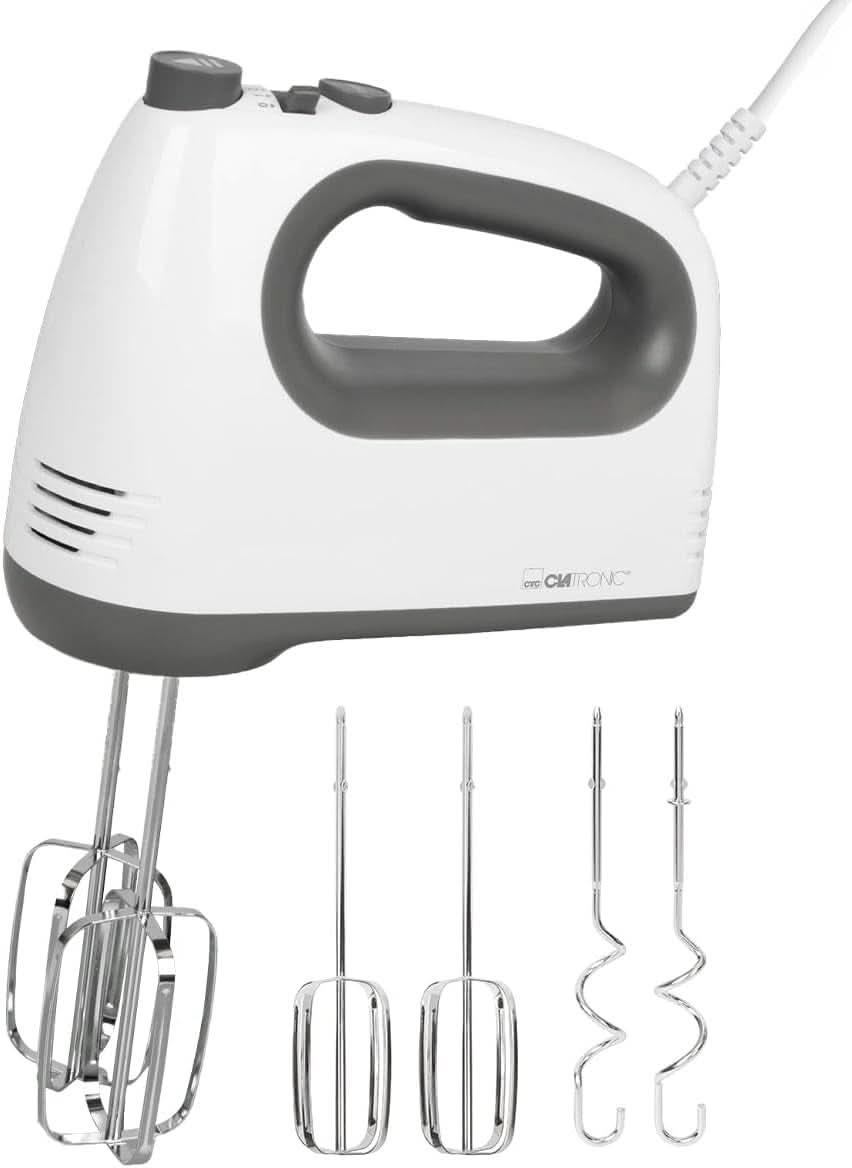 Mezclador Clatrónico | Motor Kraftvoller de 400 vatios | Batidora de mano | Turbostufe y 5 Geschwindigkeitsstufen | Batidora de mano | Spülmaschinengeeignete Edelstahlquirle Und -Knethaken | HM 3775 Cocina Naty Shop Weiß-Grau 400 Watt