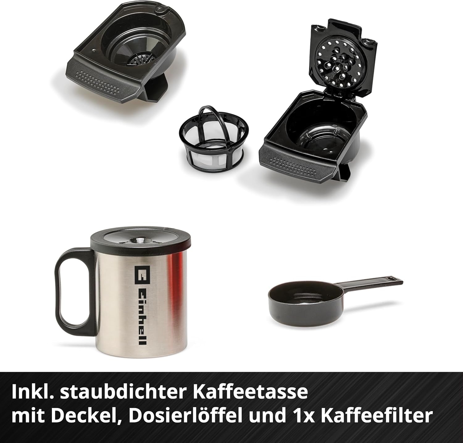 Cafetera espresso inalámbrica Einhell TE-CF 18 Li-Solo Power X-Change (18 V, depósito de agua de 240 ml, para café filtrado y cápsulas de café, asa de transporte, incl. taza de café con tapa, sin batería)